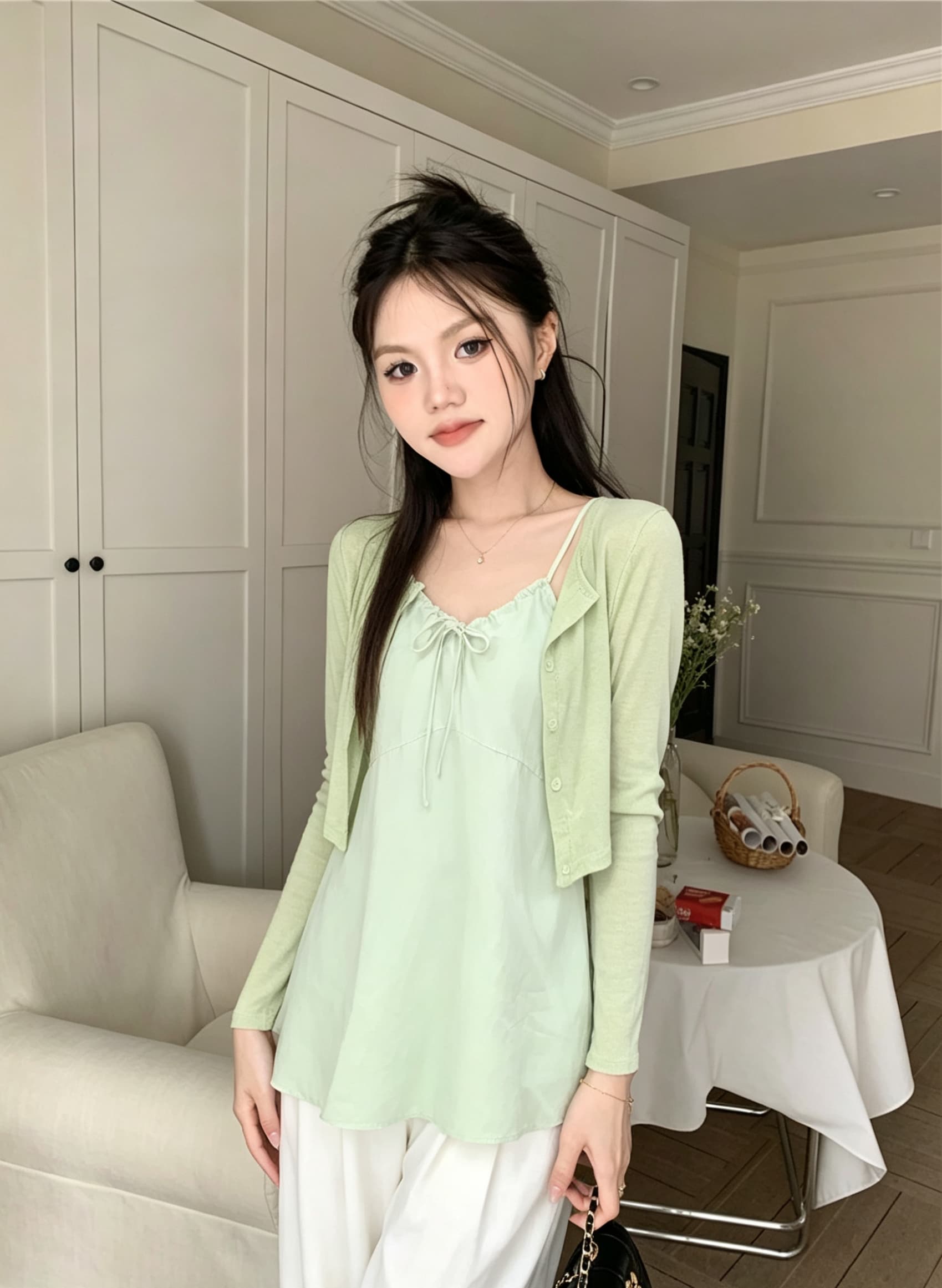 한 부서 패션 세트 펌프 로프 슬립 드레스 얇은 스타일 자외선 차단 오픈 가디건 두 조각 여성 세트 상세 이미지 3