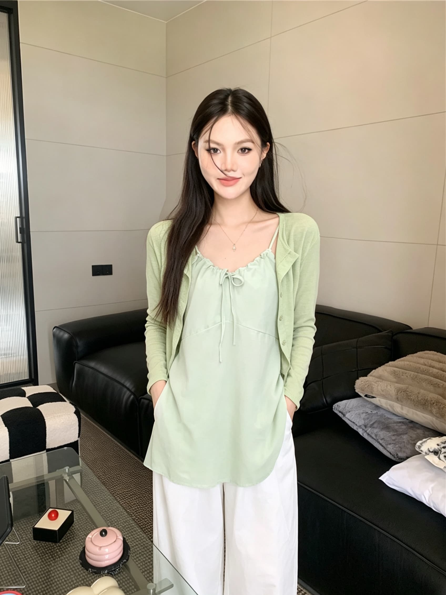 한 부서 패션 세트 펌프 로프 슬립 드레스 얇은 스타일 자외선 차단 오픈 가디건 두 조각 여성 세트 상세 이미지 4