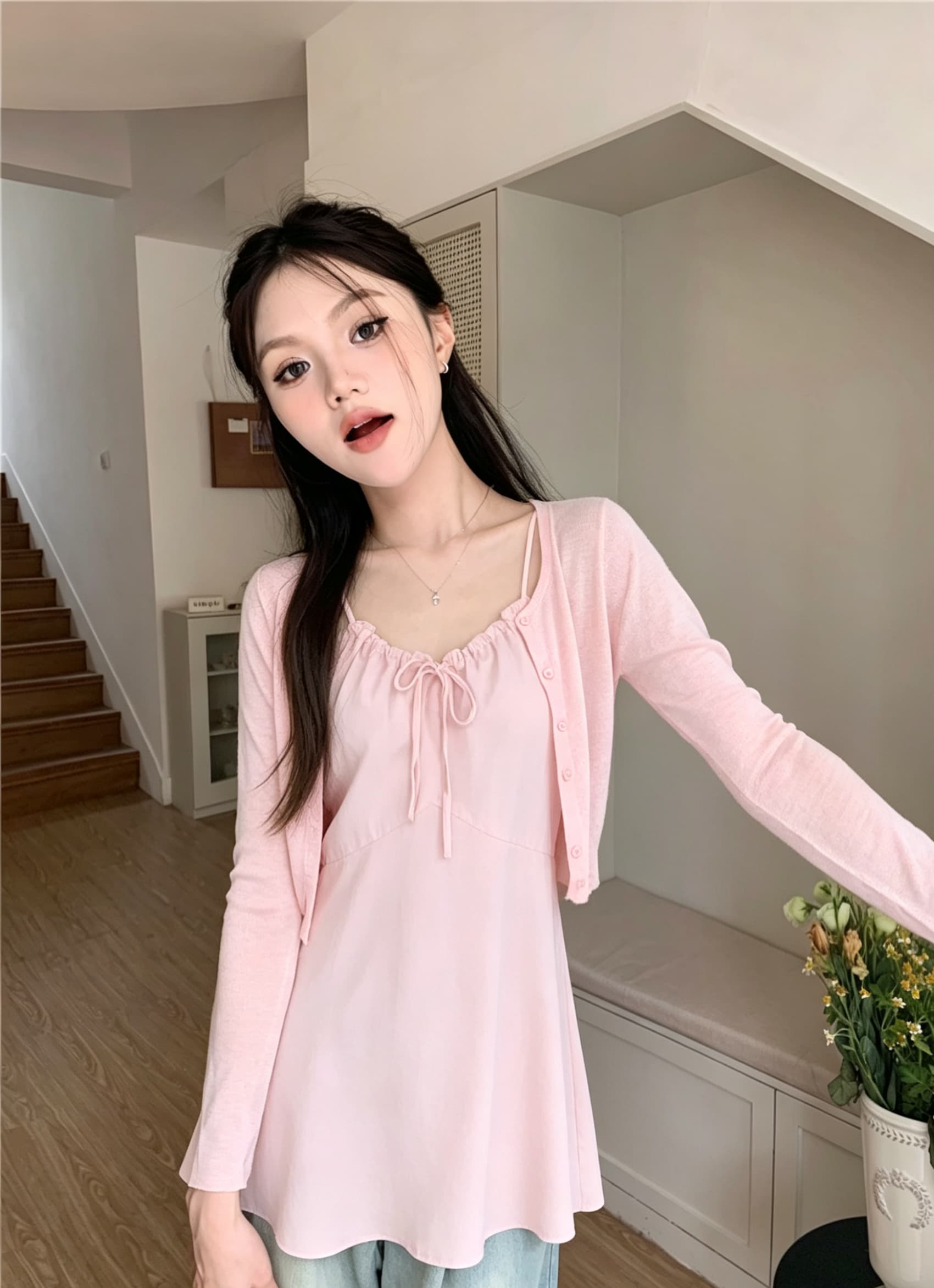 한 부서 패션 세트 펌프 로프 슬립 드레스 얇은 스타일 자외선 차단 오픈 가디건 두 조각 여성 세트 상세 이미지 5