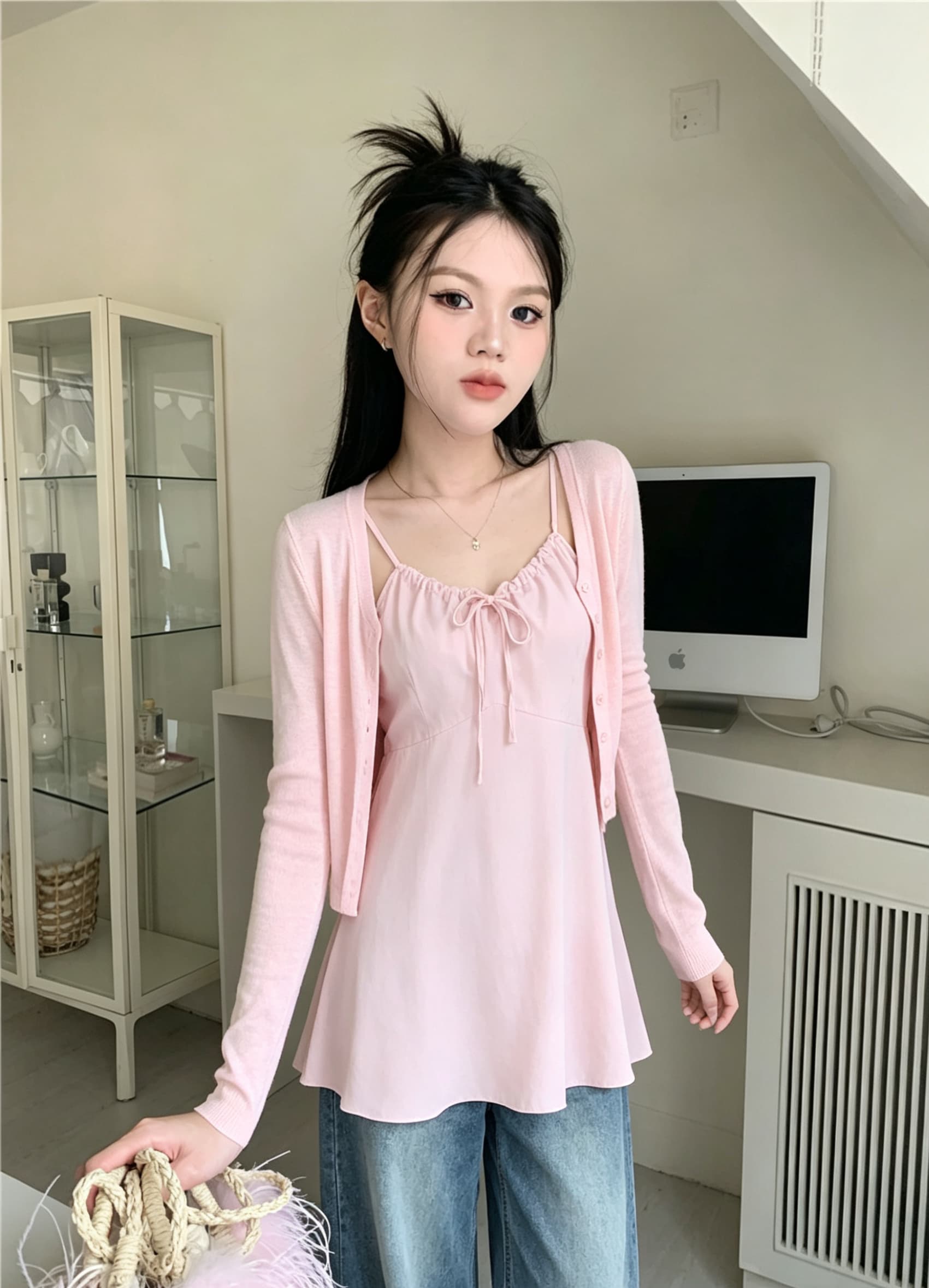 한 부서 패션 세트 펌프 로프 슬립 드레스 얇은 스타일 자외선 차단 오픈 가디건 두 조각 여성 세트 상세 이미지 7