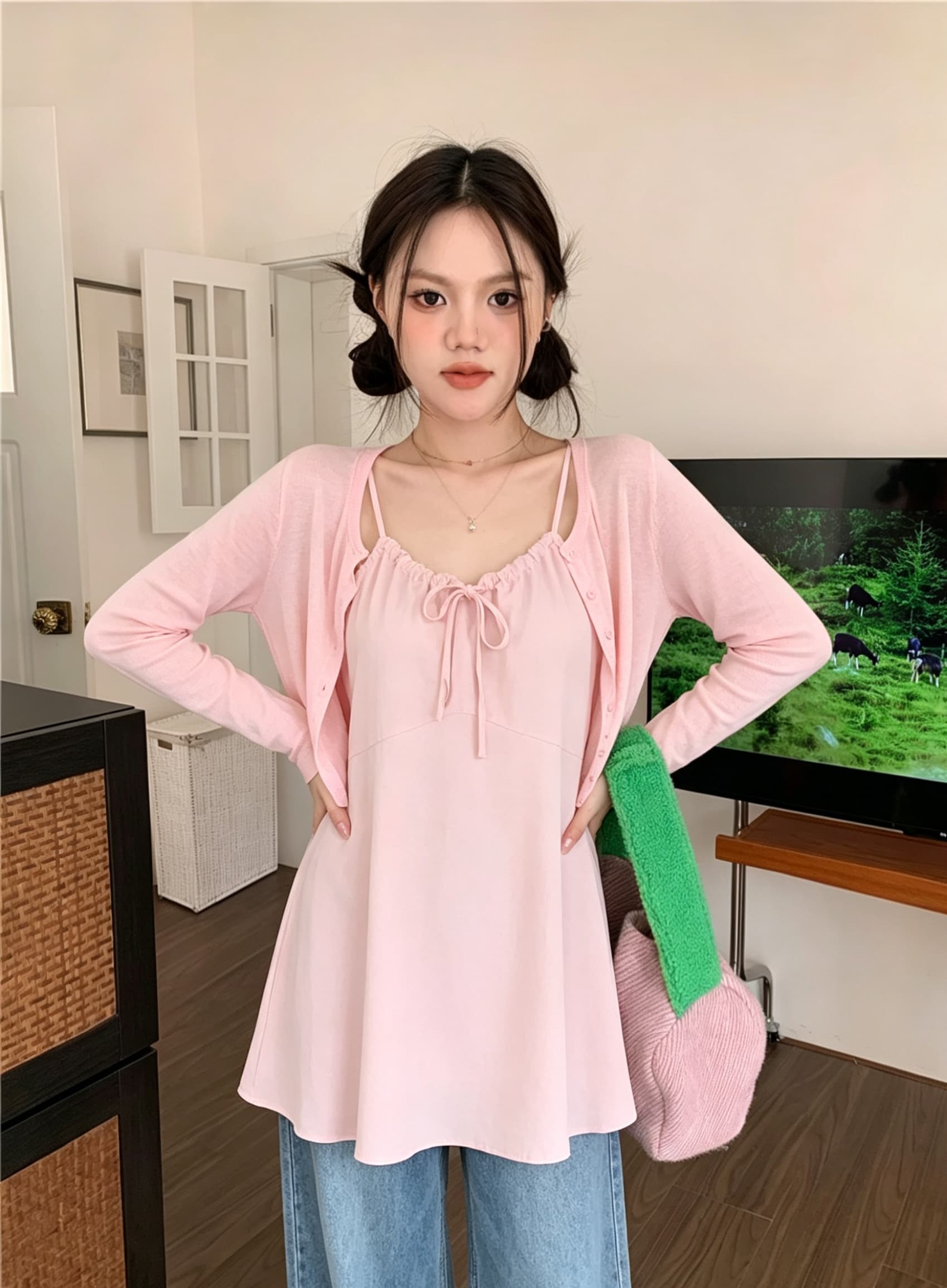 한 부서 패션 세트 펌프 로프 슬립 드레스 얇은 스타일 자외선 차단 오픈 가디건 두 조각 여성 세트 상세 이미지 8