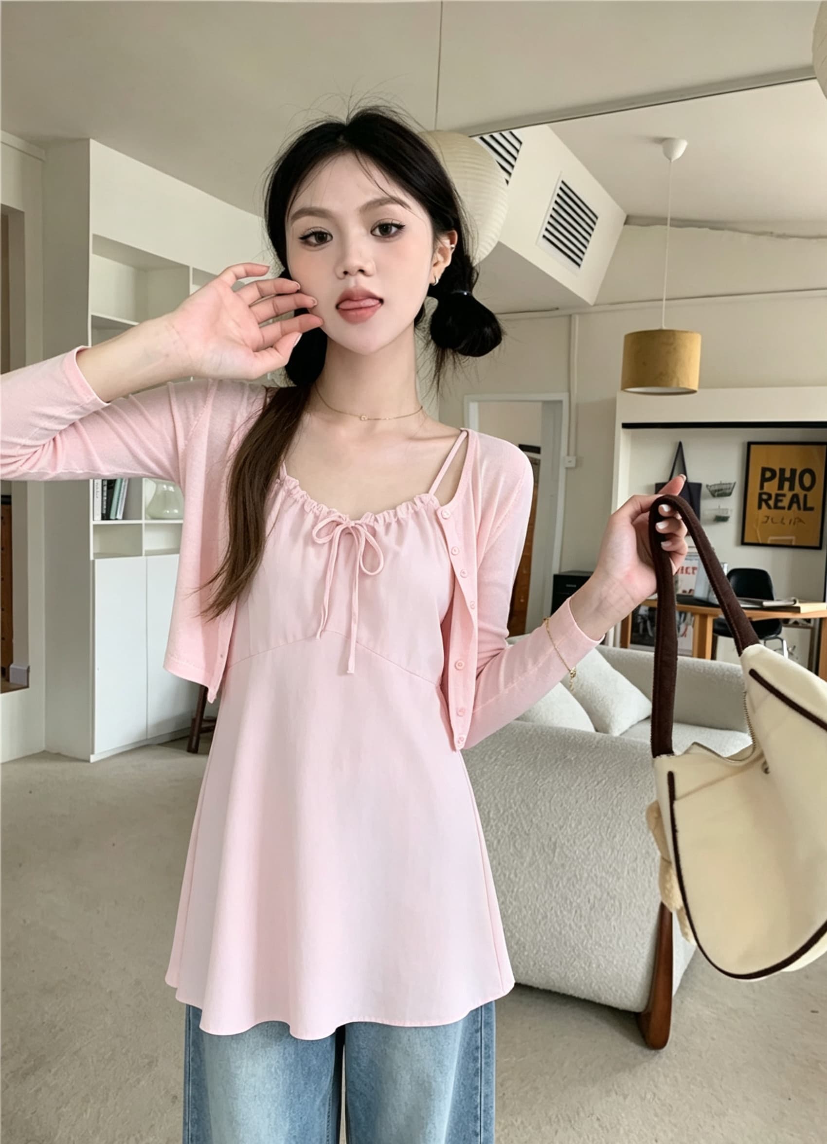 한 부서 패션 세트 펌프 로프 슬립 드레스 얇은 스타일 자외선 차단 오픈 가디건 두 조각 여성 세트 상세 이미지 1