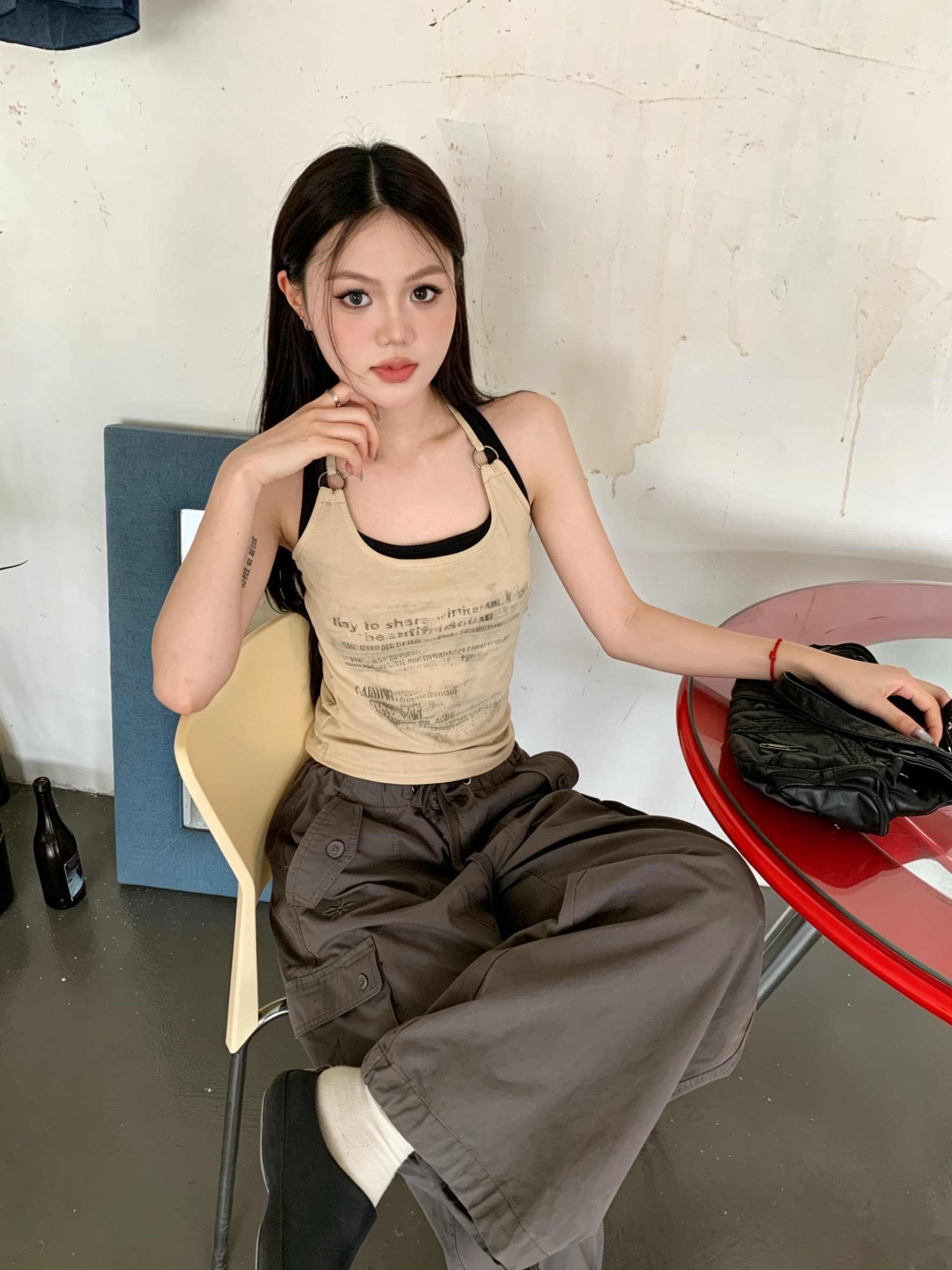 실사 정가 아메리칸 레트로 핫걸 쇼트 스타일 페이크 레이어드 프린트 행침 목 캐미솔 맨위 상세 이미지 4