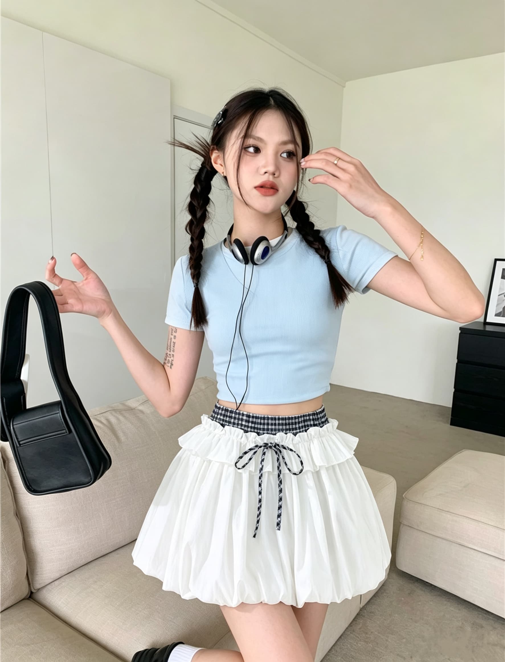 신제품 프릴 체크무늬 패치워크 꽃밭 치마 반신 스커트 여성 새로운 노출 방지 한 마디 플리츠 스커트 퍼프 미니 스커트 상세 이미지 2
