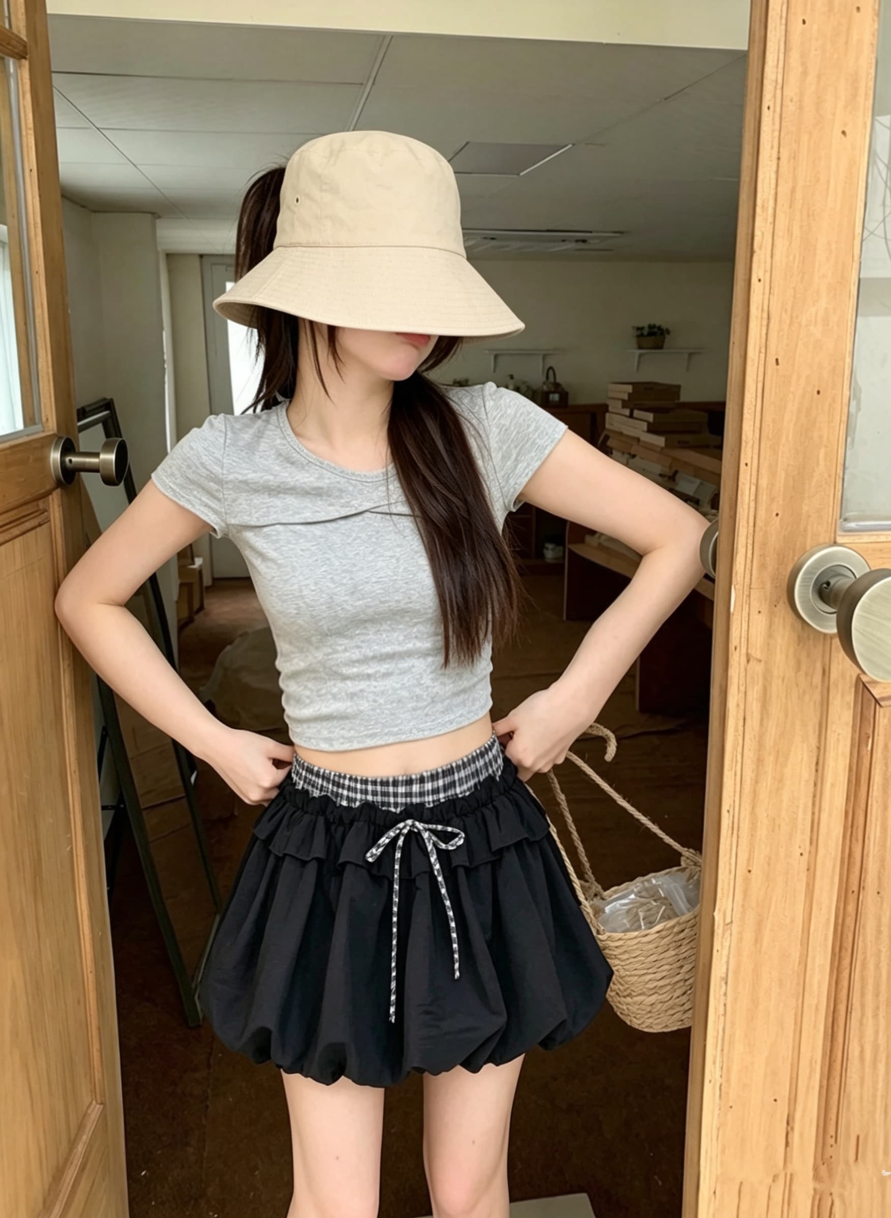 신제품 프릴 체크무늬 패치워크 꽃밭 치마 반신 스커트 여성 새로운 노출 방지 한 마디 플리츠 스커트 퍼프 미니 스커트 상세 이미지 3