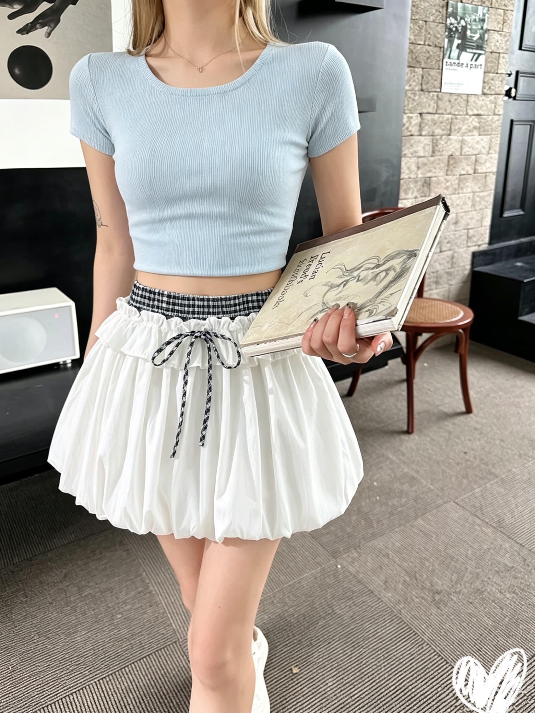 신제품 프릴 체크무늬 패치워크 꽃밭 치마 반신 스커트 여성 새로운 노출 방지 한 마디 플리츠 스커트 퍼프 미니 스커트 상세 이미지 6