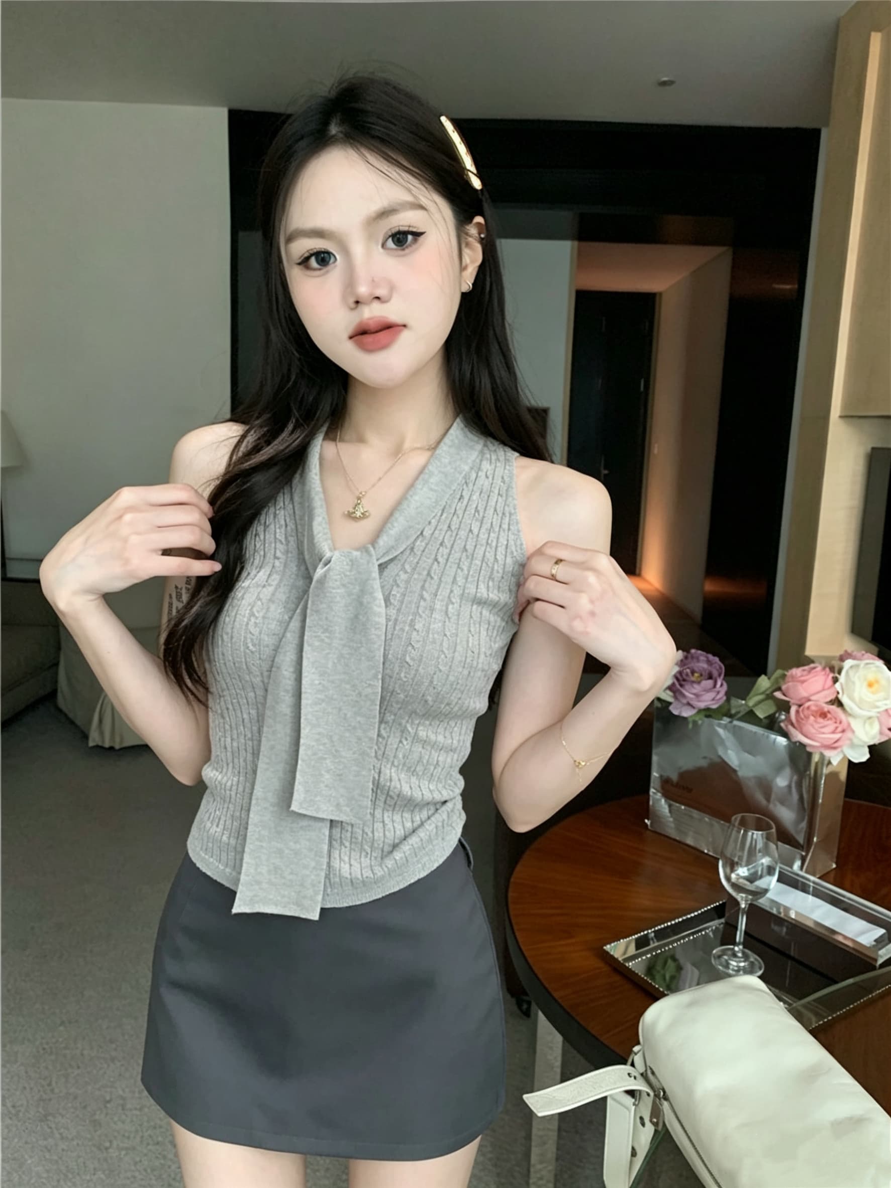 신제품 한 부서 단색 꽈배기 레이스업 조끼 니트 스웨터 여성 여름 민소매 몸매 가꾸기 슬림해 보이는 캐주얼 맨위 상세 이미지 9