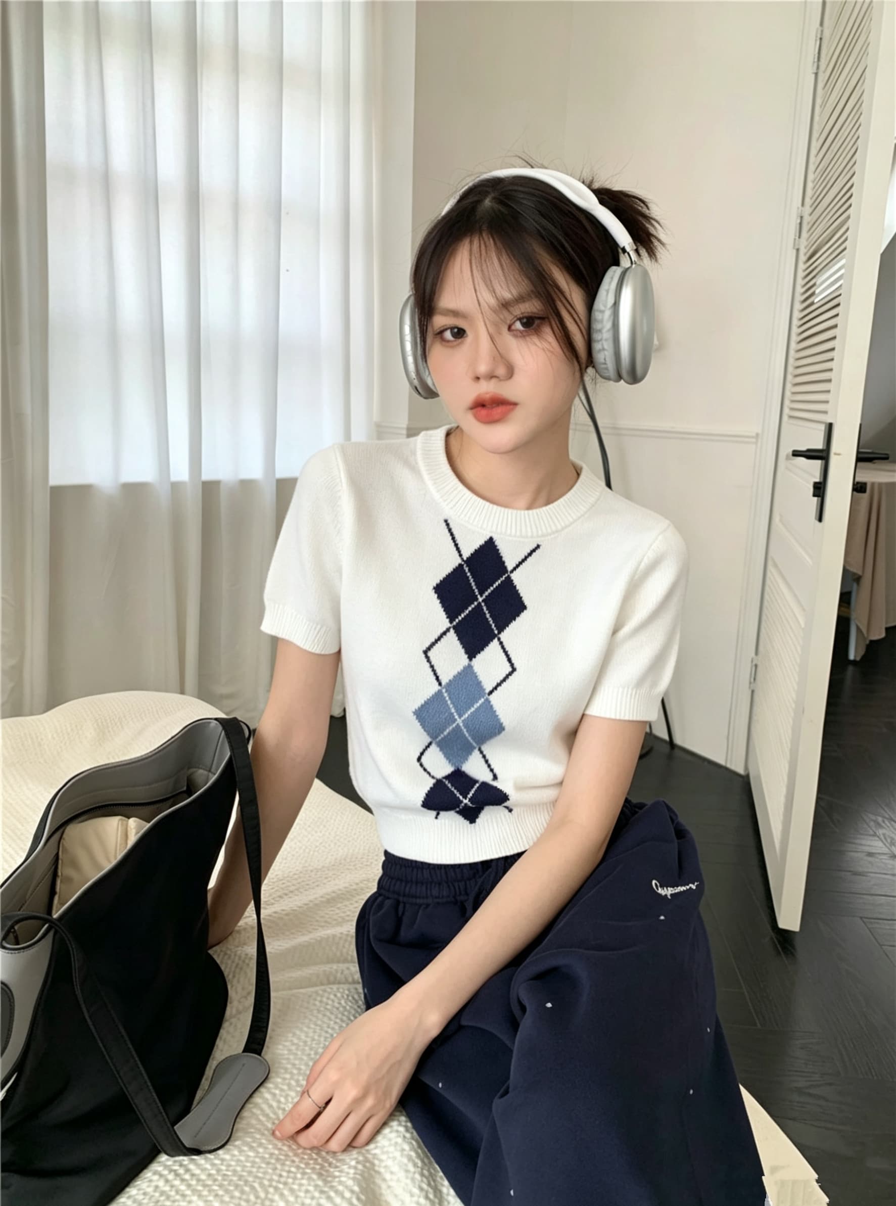 신제품 디자인 센스 배색 링 그리드 라운드 넥 니트 반팔 여성 의류 여름 몸매 가꾸기 슬림해 보이는 다용도 화이트 맨위 상세 이미지 4