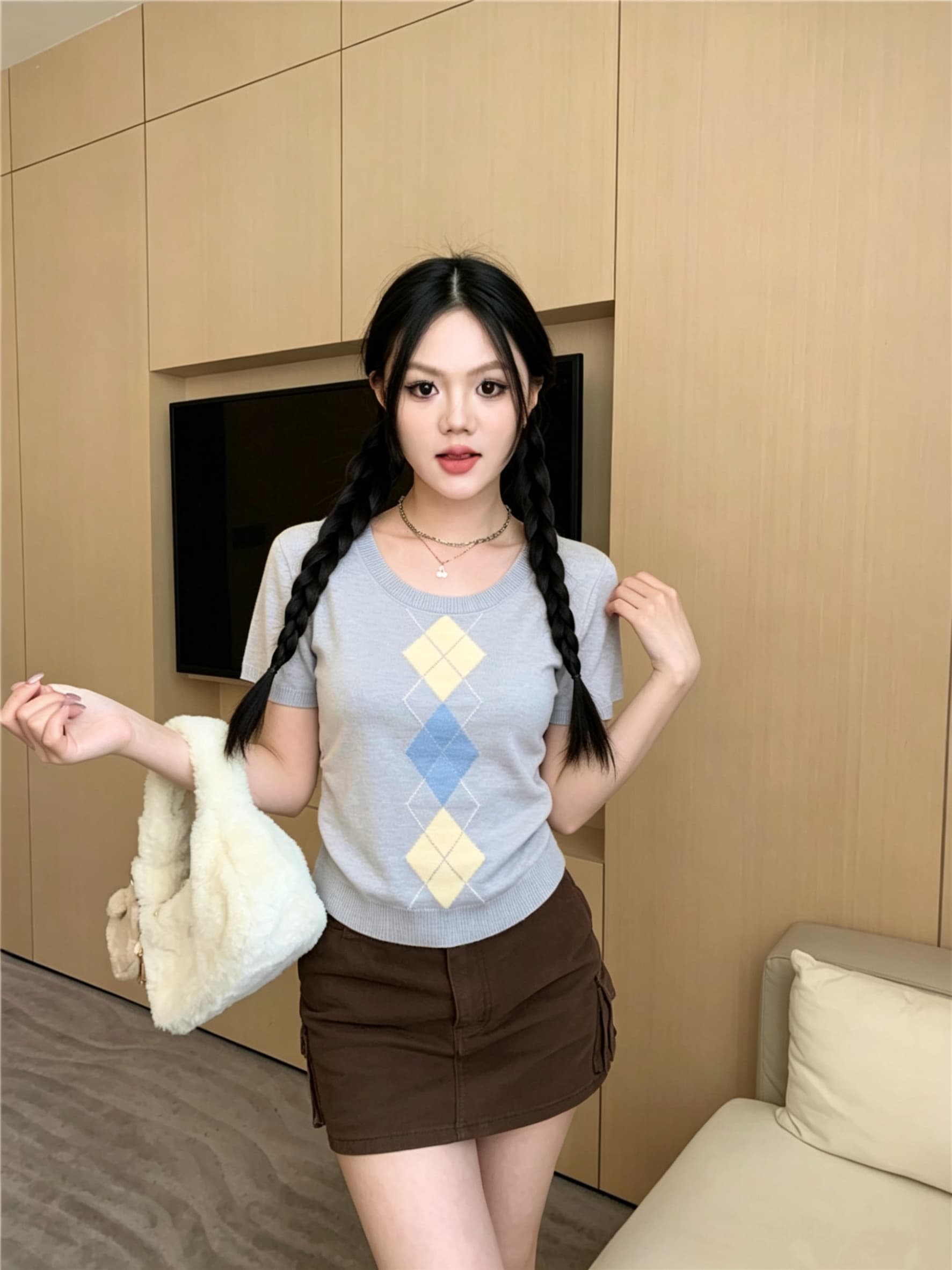 신제품 디자인 센스 배색 링 그리드 라운드 넥 니트 반팔 여성 의류 여름 몸매 가꾸기 슬림해 보이는 다용도 화이트 맨위 상세 이미지 6
