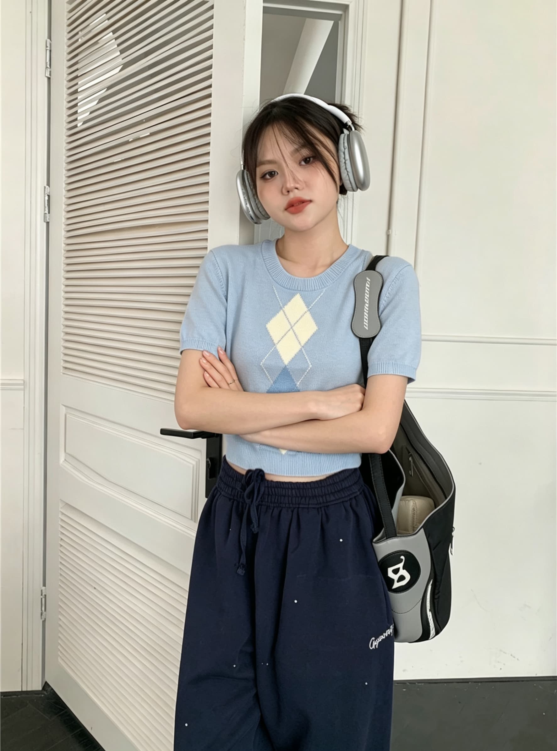 신제품 디자인 센스 배색 링 그리드 라운드 넥 니트 반팔 여성 의류 여름 몸매 가꾸기 슬림해 보이는 다용도 화이트 맨위 상세 이미지 7