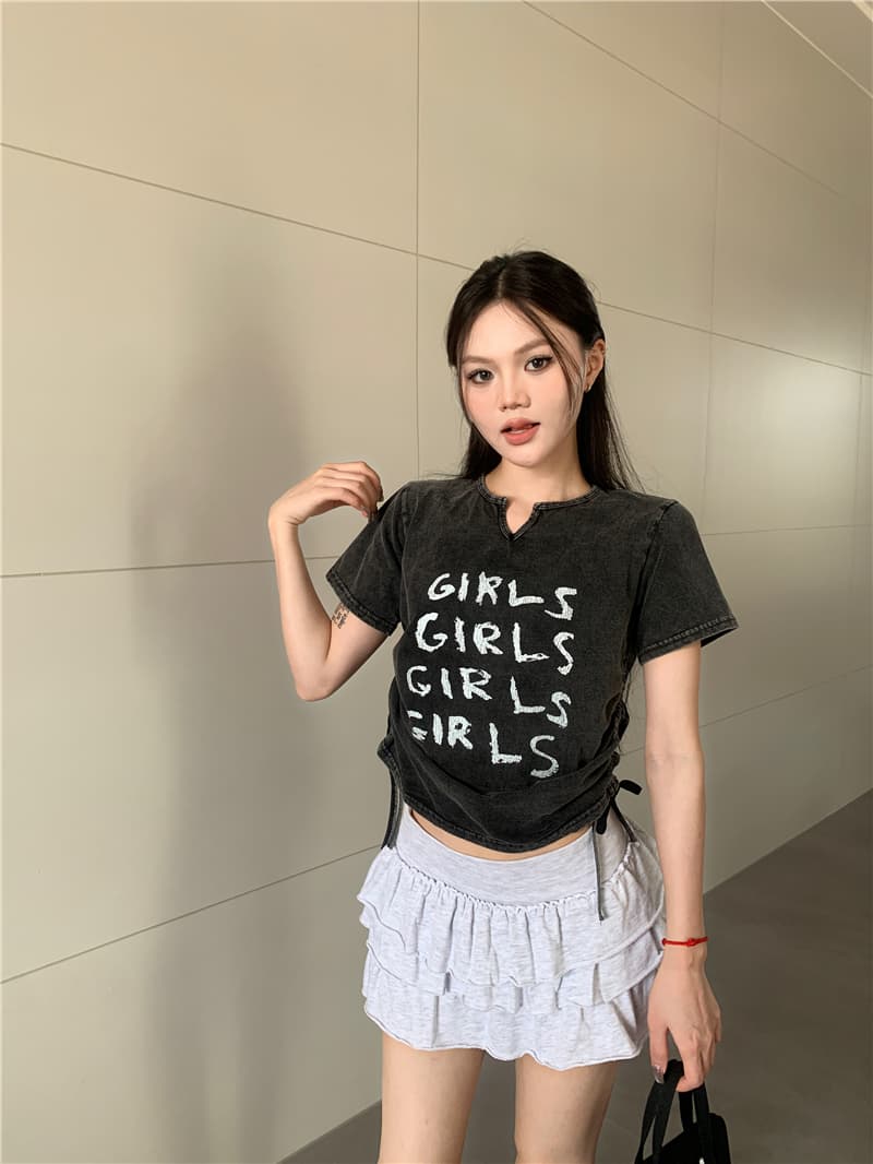 실사 정가 아메리칸 레트로 디자인 센스 마 오래된 워싱 알파벳 쇼트 스타일 펌프 로프 일반 티셔츠 이미지 4