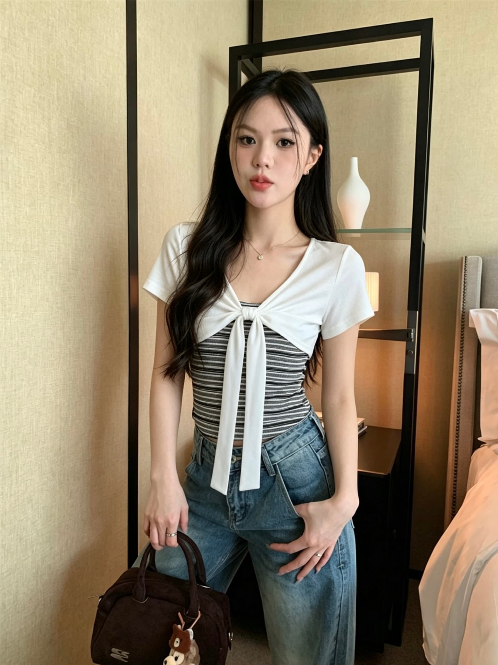 실사 신제품 한 부서 디자인 센스 페이크 레이어드 스트라이프 스트랩 긍정적 인 어깨 반팔 티셔츠 여성 상세 이미지 3