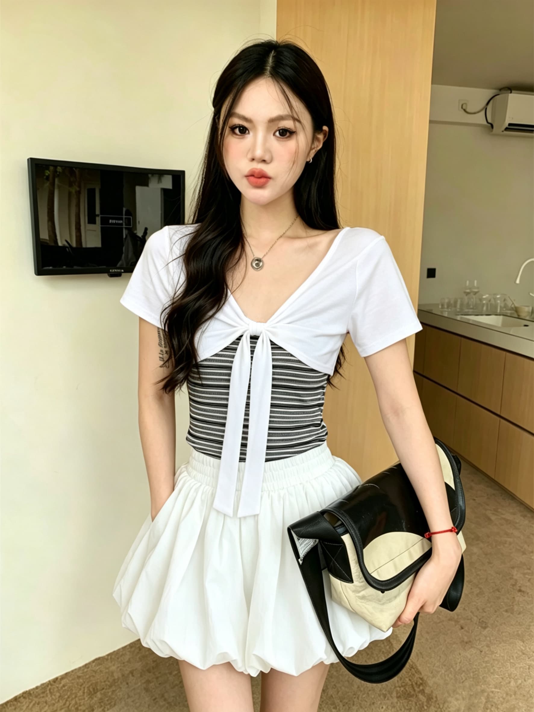 실사 신제품 한 부서 디자인 센스 페이크 레이어드 스트라이프 스트랩 긍정적 인 어깨 반팔 티셔츠 여성 상세 이미지 12