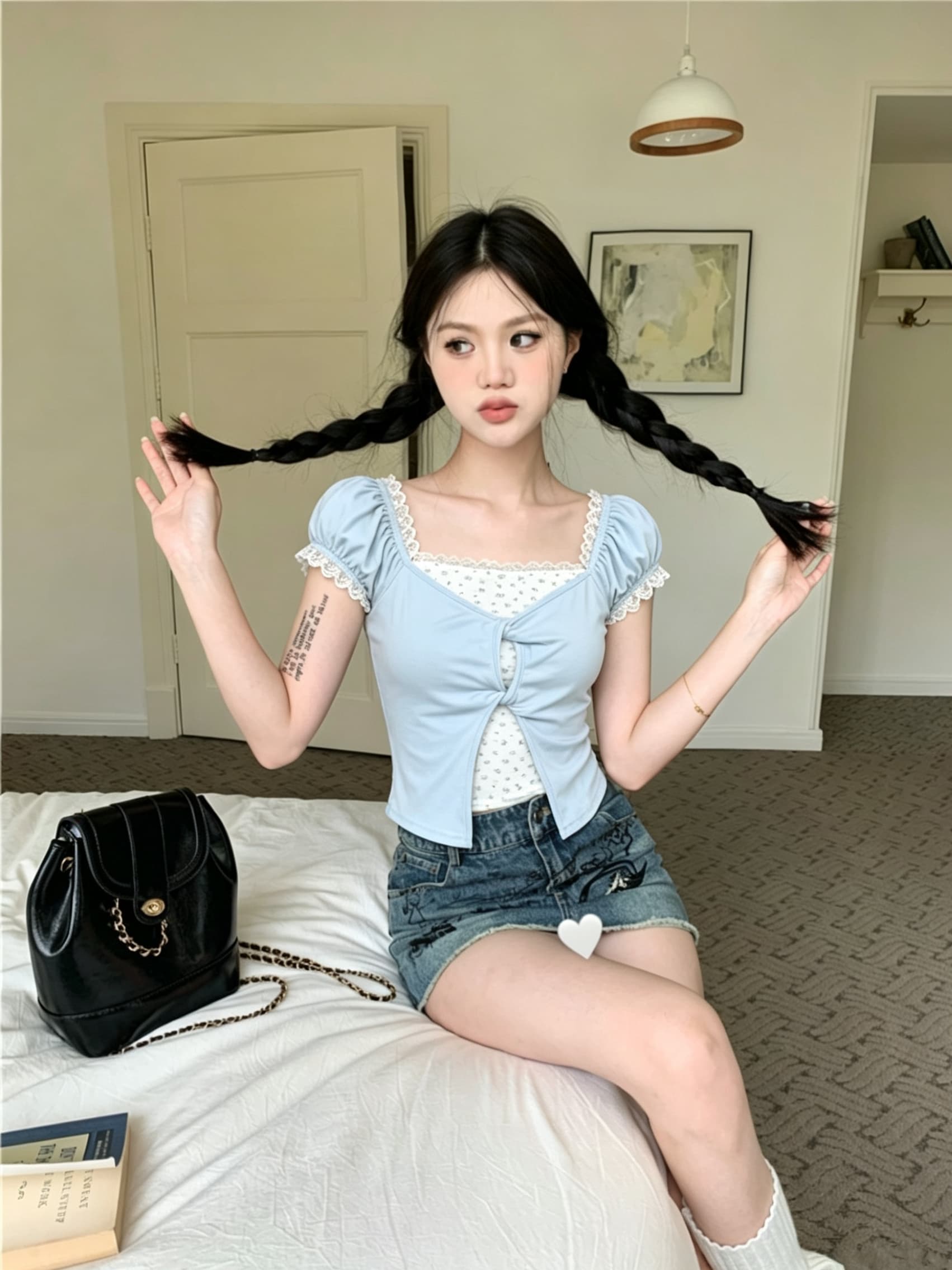 실사 신제품 보라색 레이스 꽃무늬 페이크 레이어드 반팔 티셔츠 여성 여름 달콤함 몸매 가꾸기 쇼트 스타일 맨위 상세 이미지 2