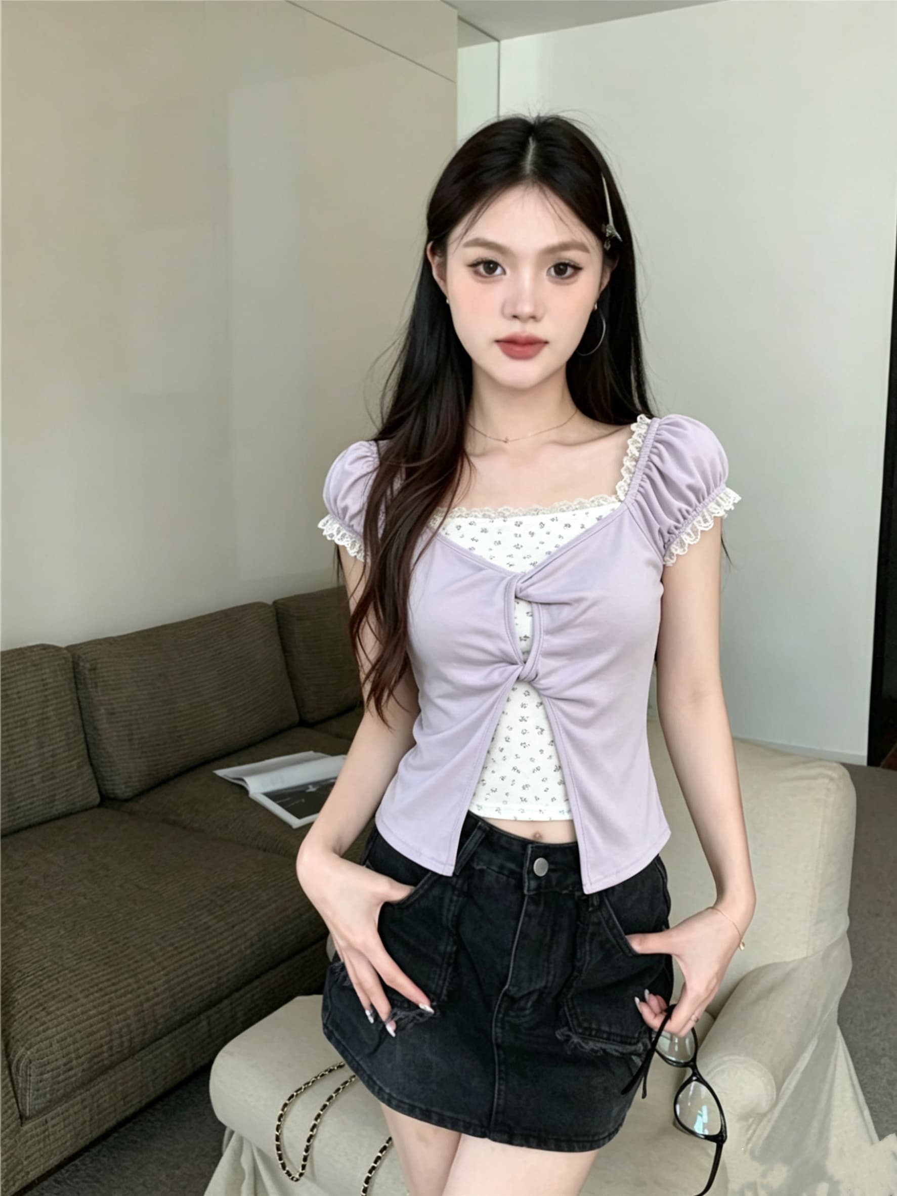 실사 신제품 보라색 레이스 꽃무늬 페이크 레이어드 반팔 티셔츠 여성 여름 달콤함 몸매 가꾸기 쇼트 스타일 맨위 상세 이미지 3