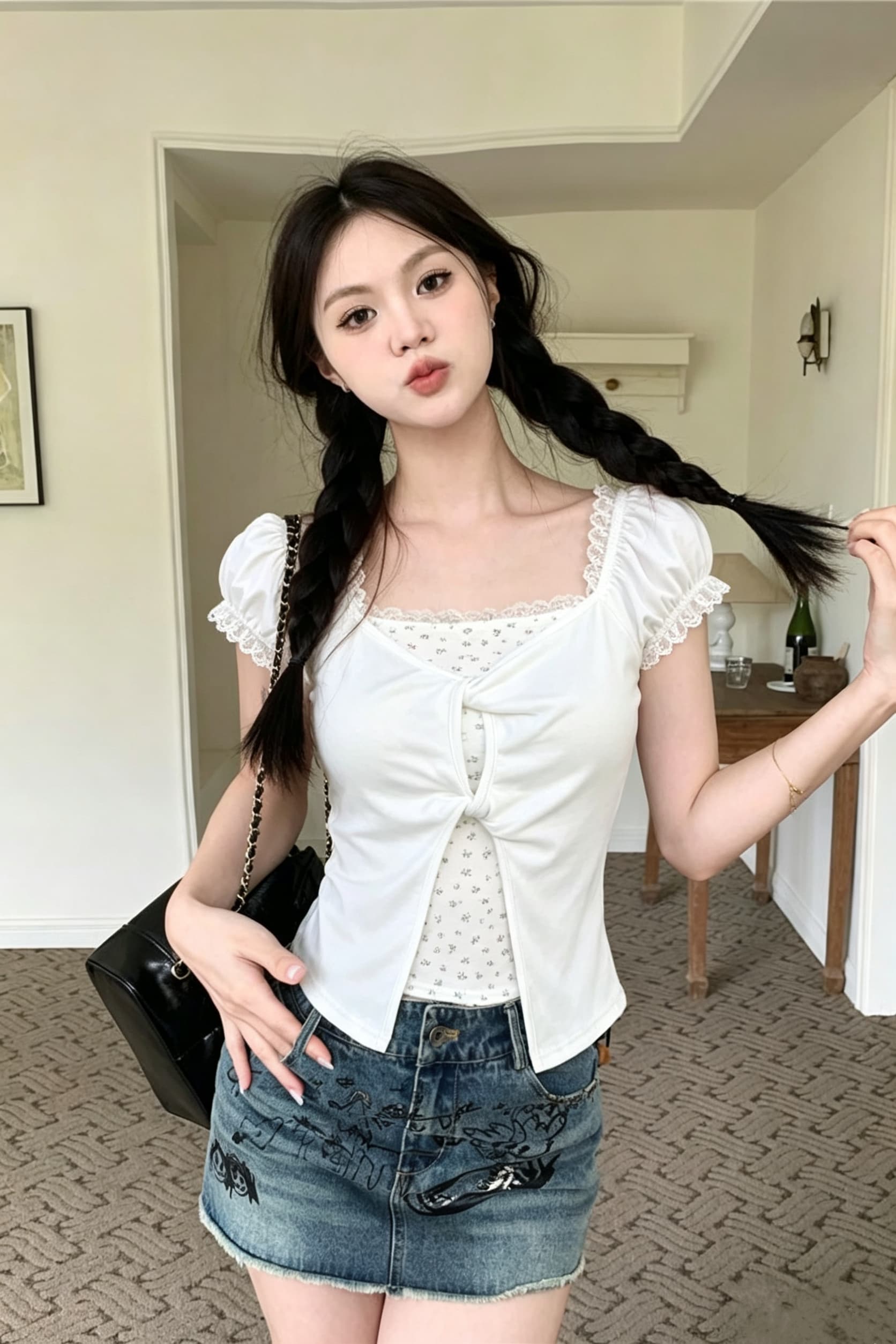 실사 신제품 보라색 레이스 꽃무늬 페이크 레이어드 반팔 티셔츠 여성 여름 달콤함 몸매 가꾸기 쇼트 스타일 맨위 상세 이미지 4