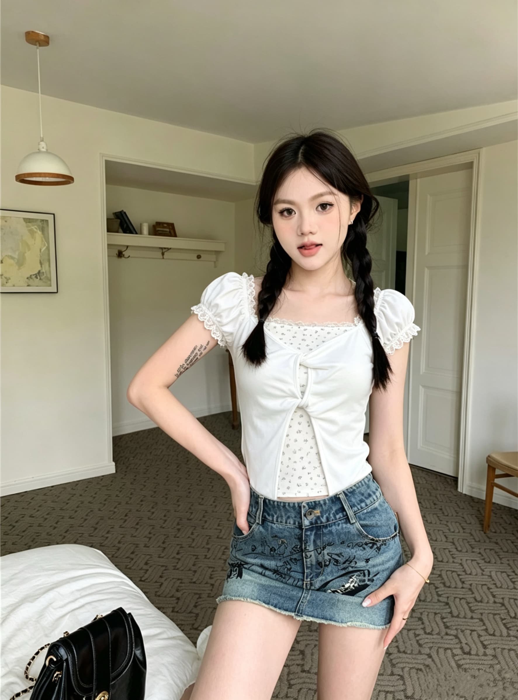실사 신제품 보라색 레이스 꽃무늬 페이크 레이어드 반팔 티셔츠 여성 여름 달콤함 몸매 가꾸기 쇼트 스타일 맨위 상세 이미지 7