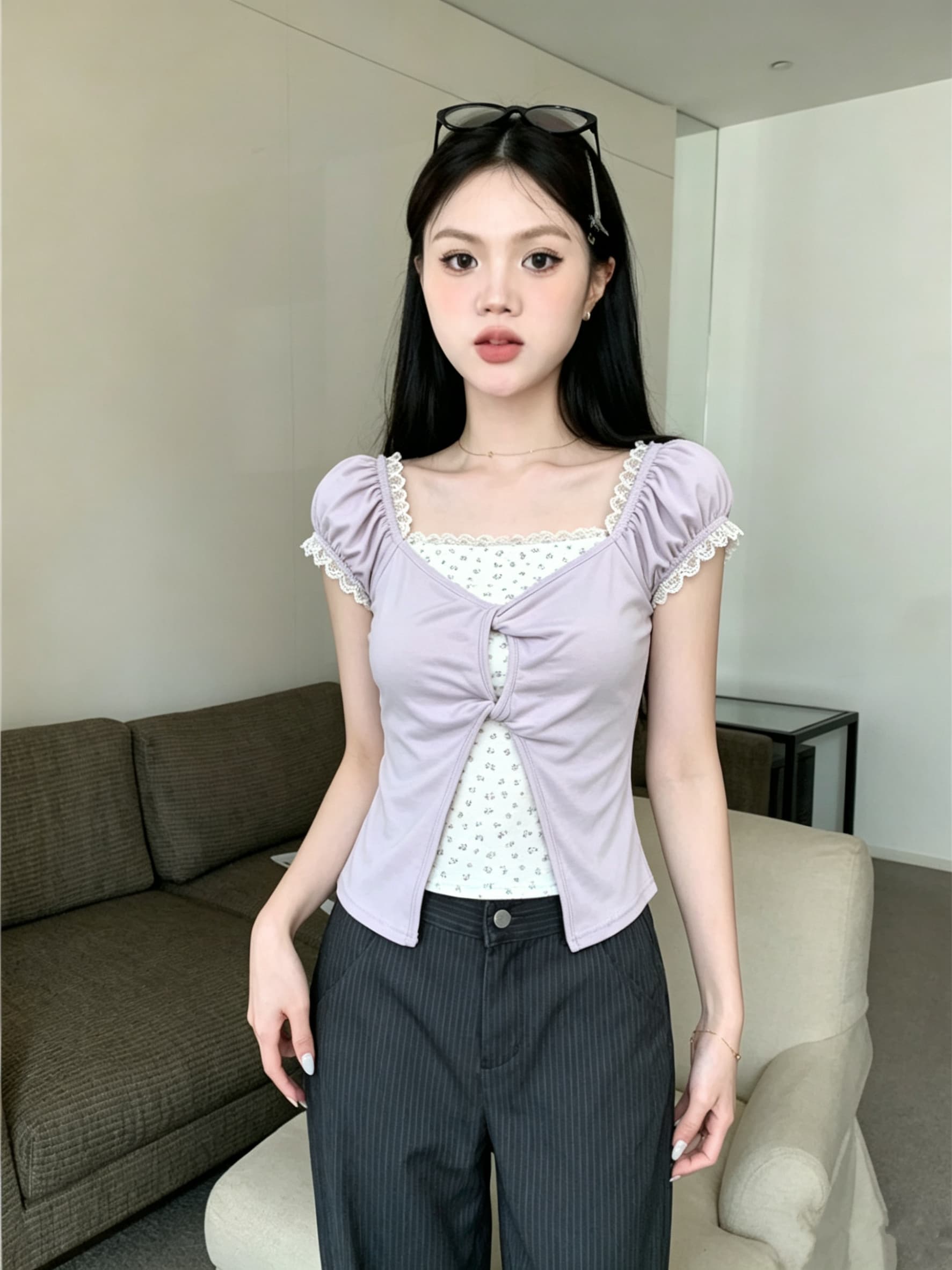 실사 신제품 보라색 레이스 꽃무늬 페이크 레이어드 반팔 티셔츠 여성 여름 달콤함 몸매 가꾸기 쇼트 스타일 맨위 상세 이미지 8