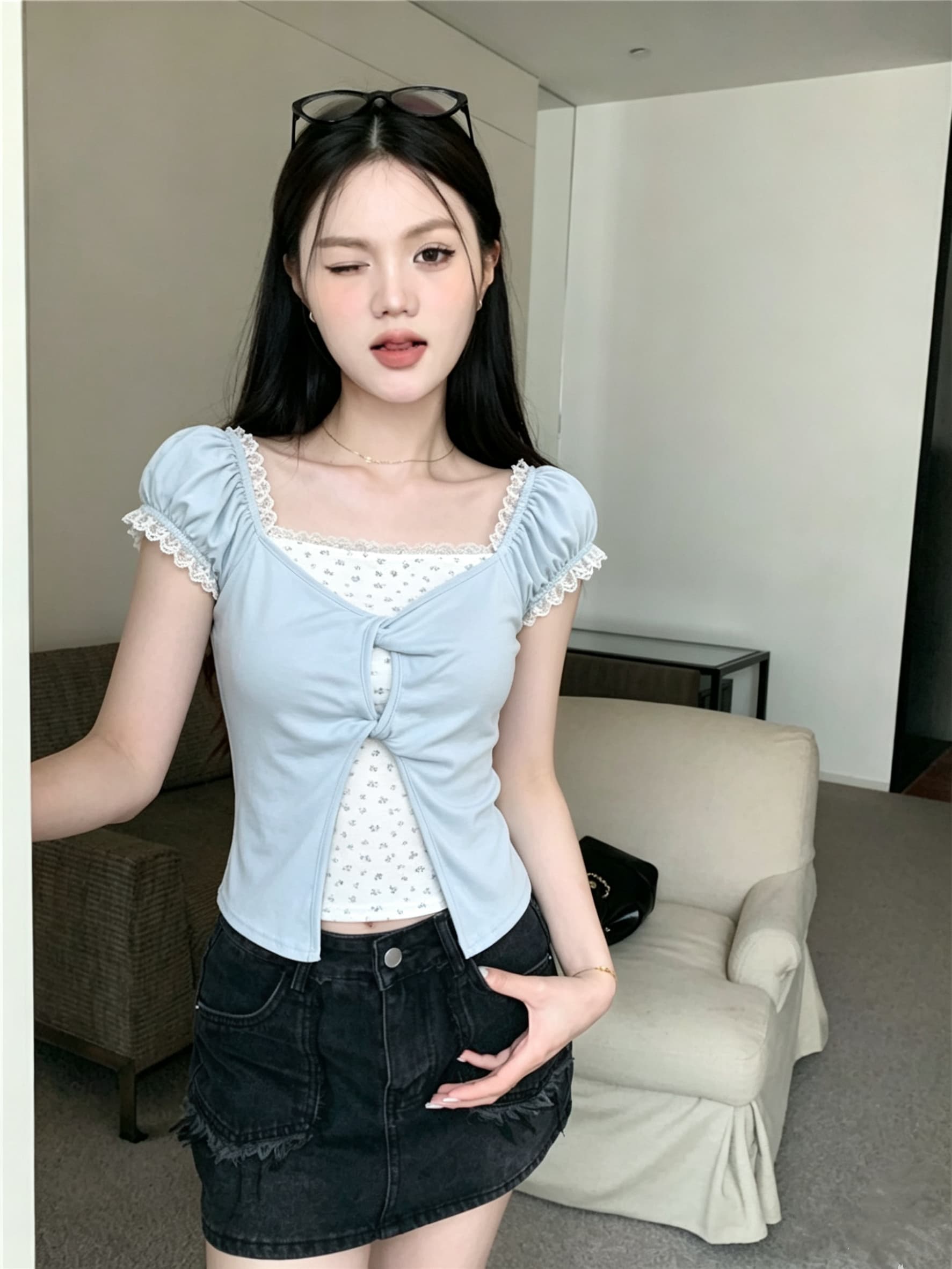 실사 신제품 보라색 레이스 꽃무늬 페이크 레이어드 반팔 티셔츠 여성 여름 달콤함 몸매 가꾸기 쇼트 스타일 맨위 상세 이미지 9