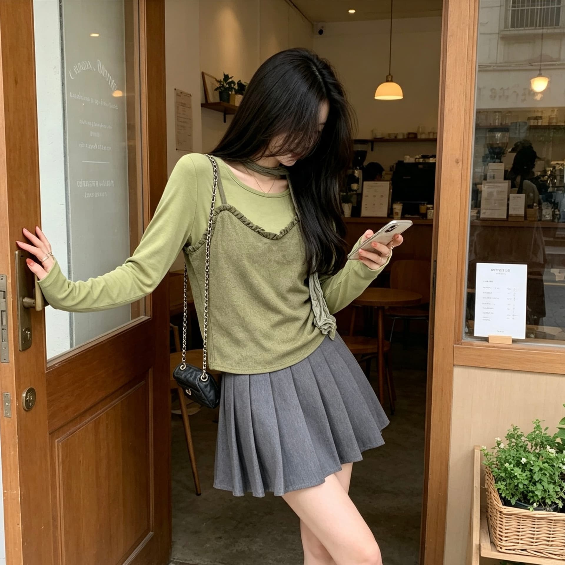 신제품 이른 가을 한 부서 세트 레이스 스웨이드 캐미솔 긴팔 티셔츠 인사이드 잡아라. 의류 경기 스카프 상세 이미지 7