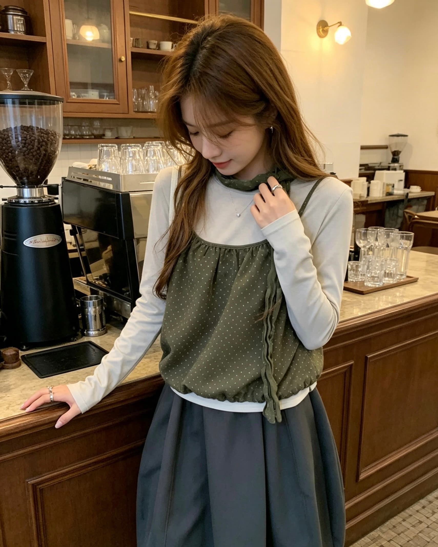 신제품 이른 가을 라운드 넥 긴팔 티셔츠 인사이드 잡아라. 의류 스택 착용 도트 무늬 캐미솔 투피스 세트 경기 스카프 상세 이미지 1
