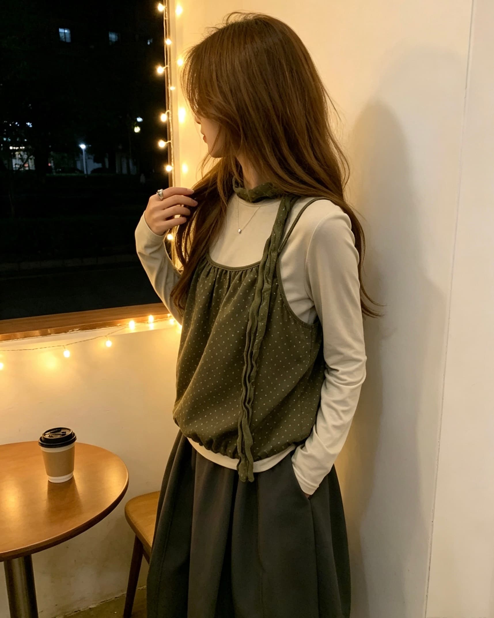 신제품 이른 가을 라운드 넥 긴팔 티셔츠 인사이드 잡아라. 의류 스택 착용 도트 무늬 캐미솔 투피스 세트 경기 스카프 상세 이미지 6