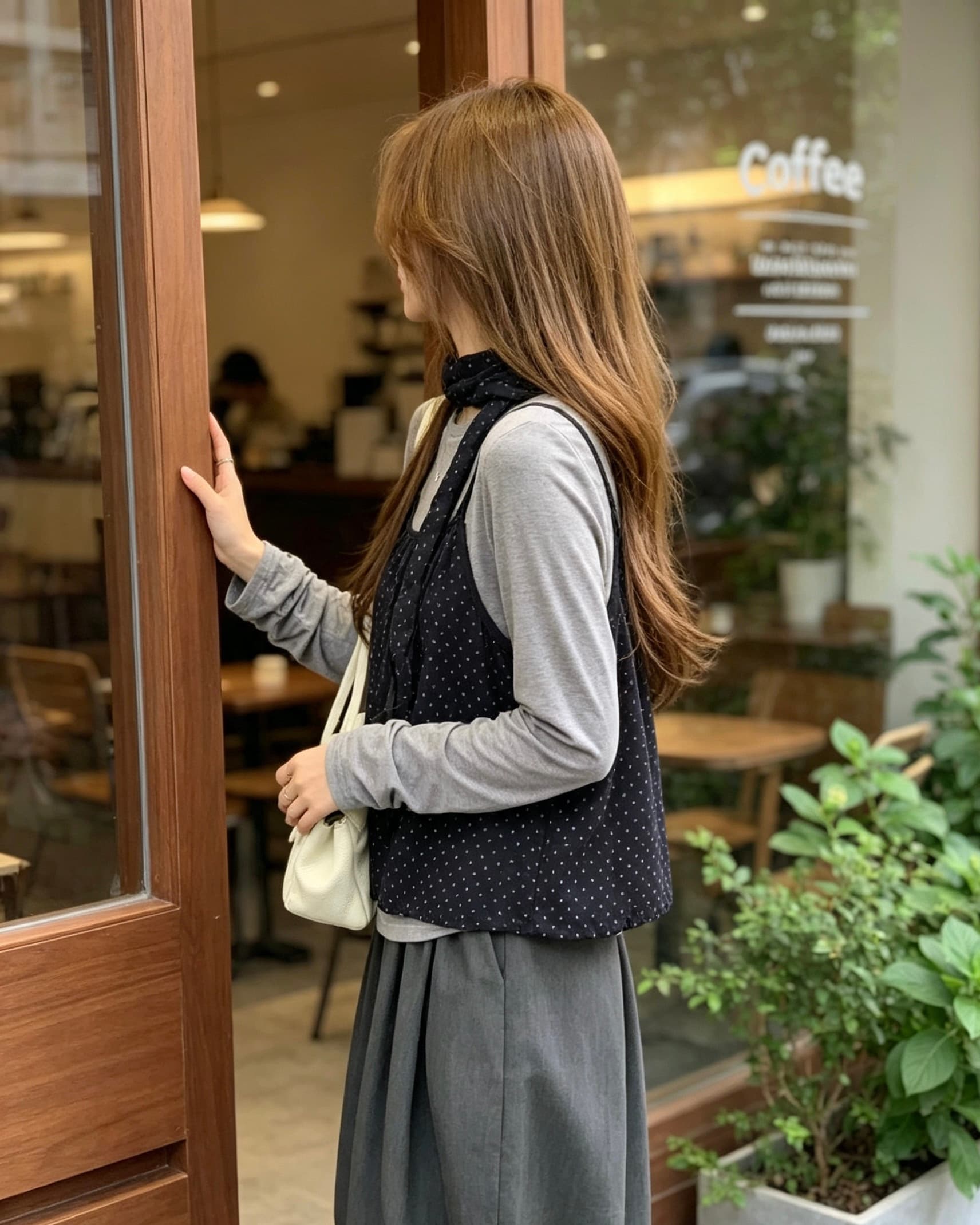 신제품 이른 가을 라운드 넥 긴팔 티셔츠 인사이드 잡아라. 의류 스택 착용 도트 무늬 캐미솔 투피스 세트 경기 스카프 상세 이미지 9