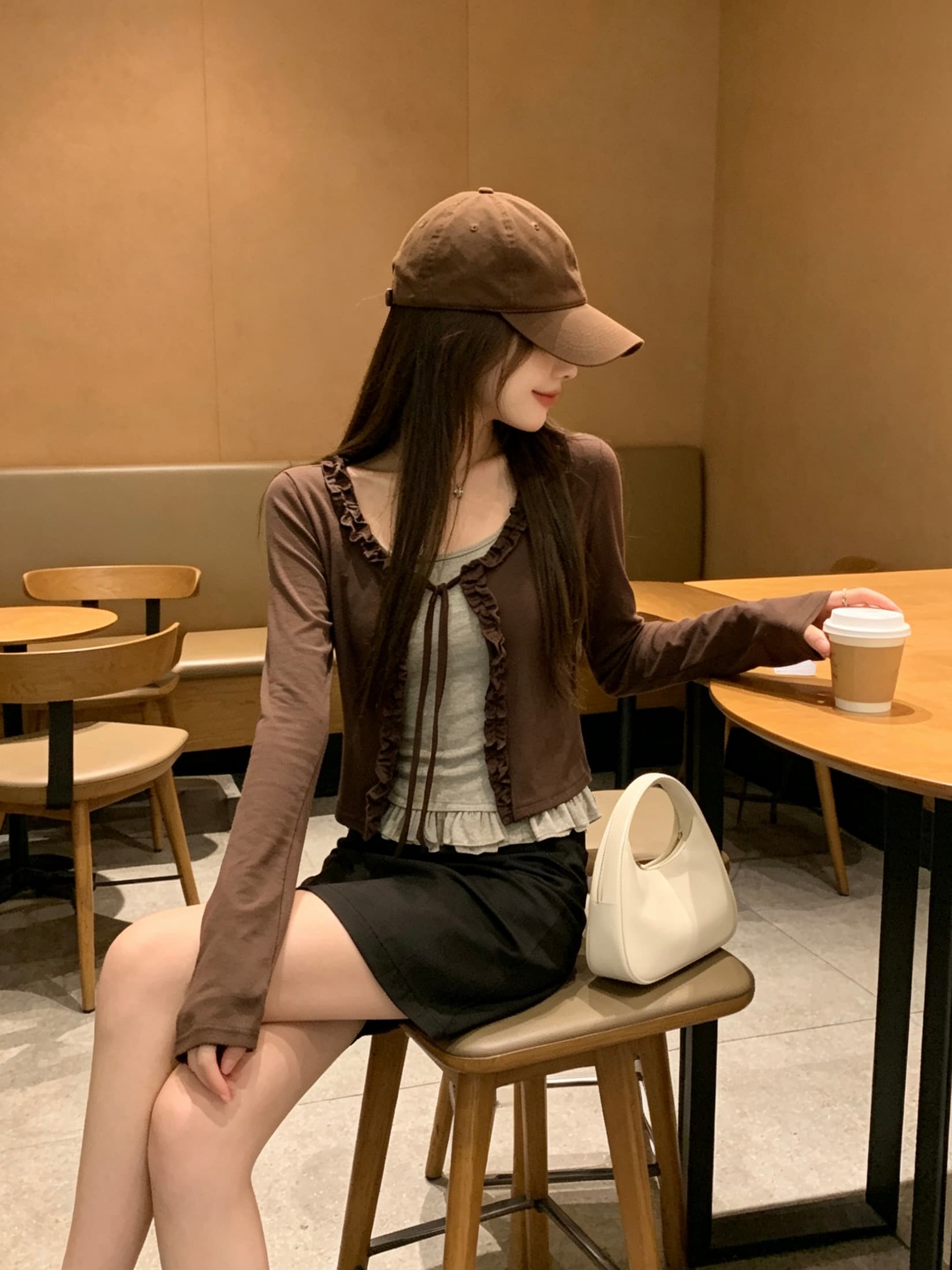 신제품 페이크 레이어드 패치워크 긴팔 기본 셔츠 여성 봄 가을 작은 대중 분위기 센스 프릴 오픈 가디건 맨위 상세 이미지 9