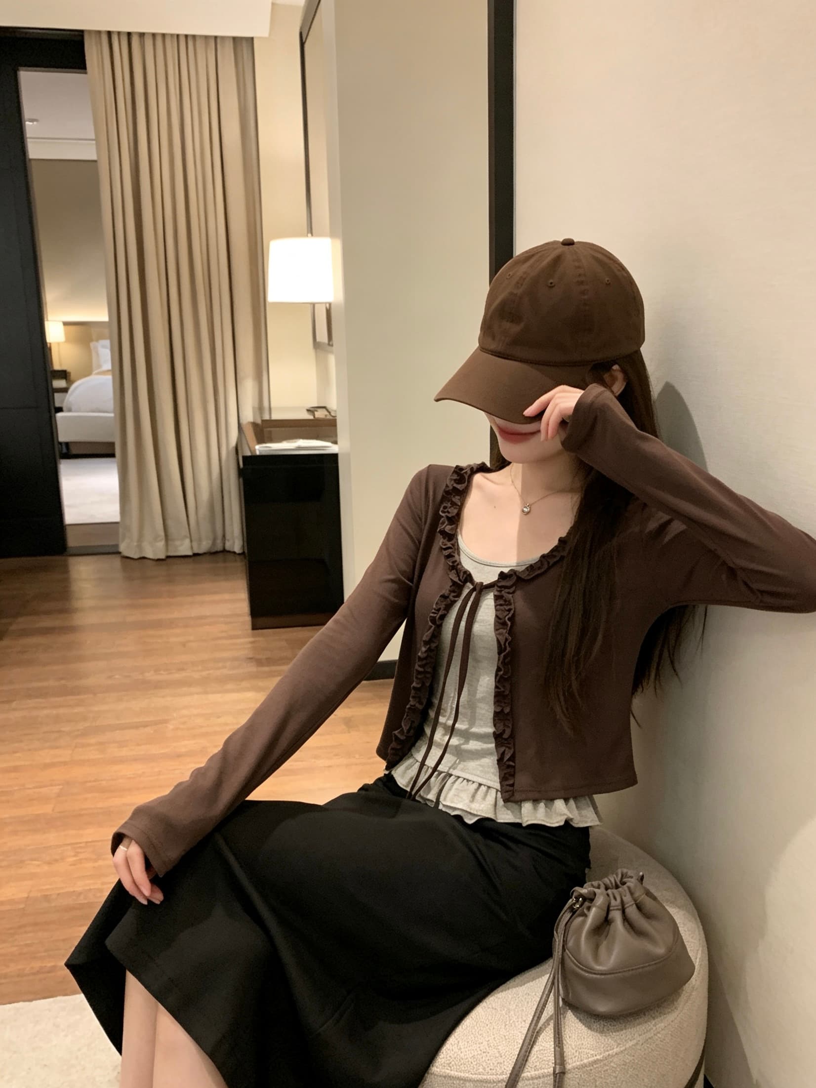 신제품 페이크 레이어드 패치워크 긴팔 기본 셔츠 여성 봄 가을 작은 대중 분위기 센스 프릴 오픈 가디건 맨위 이미지 4