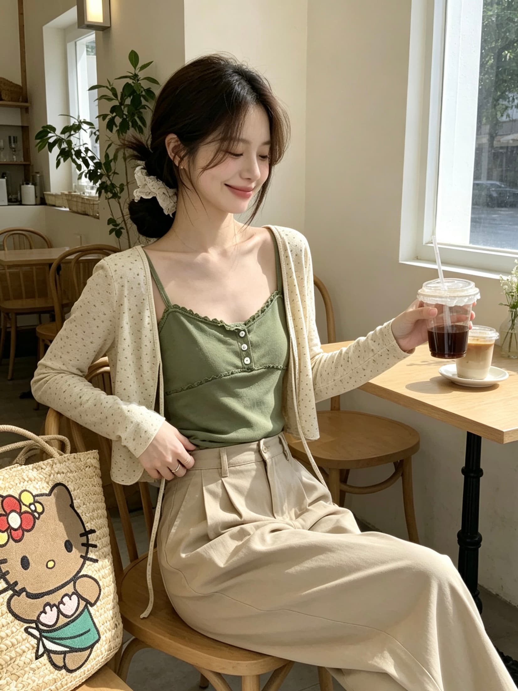 정가 실사 이른 가을 얇은 스타일 꽃무늬 자외선 차단 니트 오픈 가디건 캐미솔 투피스 세트 상세 이미지 4