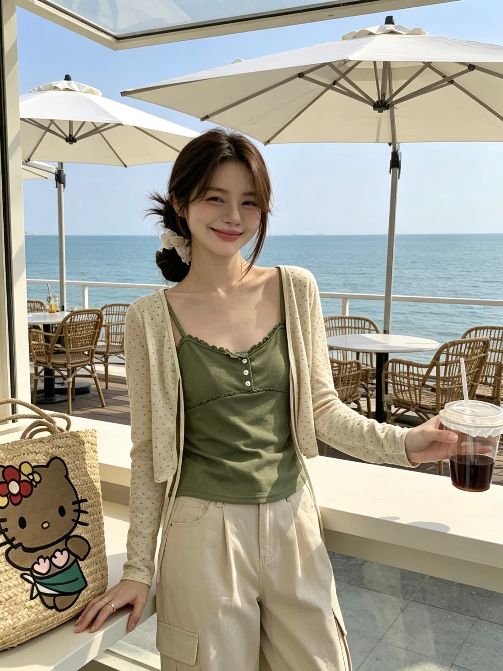정가 실사 이른 가을 얇은 스타일 꽃무늬 자외선 차단 니트 오픈 가디건 캐미솔 투피스 세트 상세 이미지 6