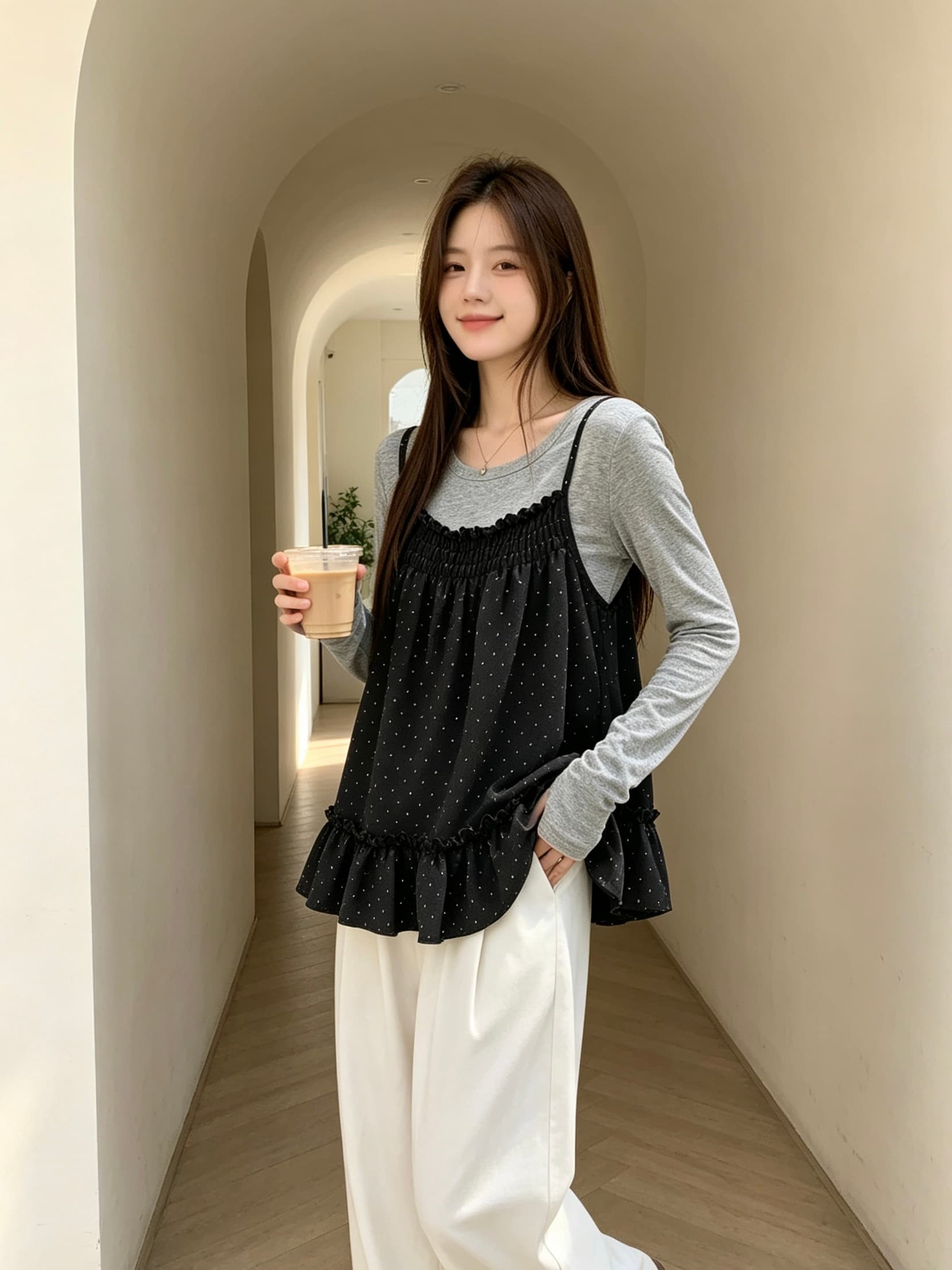 실사 정가 분위기 센스 한 부서 프릴 도트 무늬 캐미솔 라운드 넥 미니멀리즘 긴팔 티셔츠 투피스 세트 상세 이미지 5