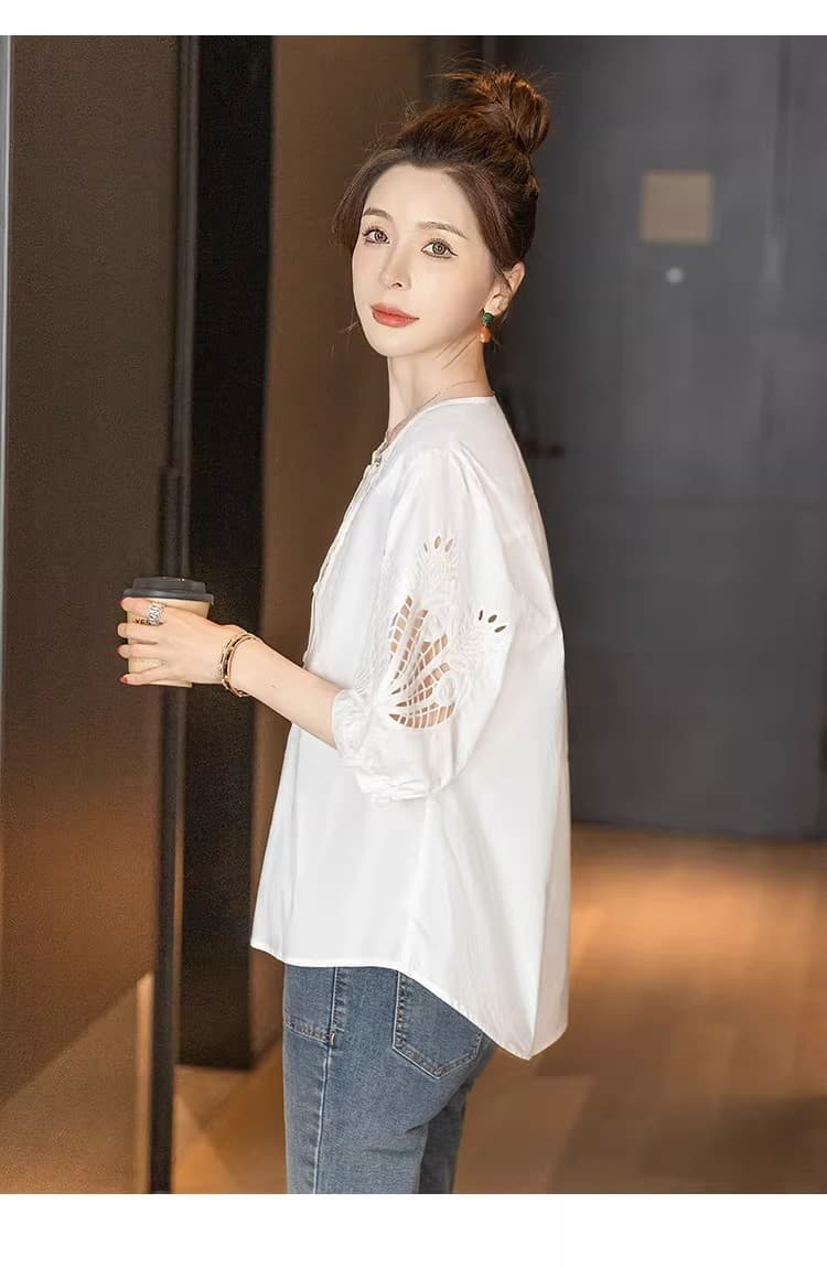 라운드 넥 셔츠 2026 봄 가을 새로운 여성 의류 패션 루즈핏 섹션 싱글 줄 버튼 5 점 소매 홀로우 아웃 슬림해 보이는 셔츠 상세 이미지 11