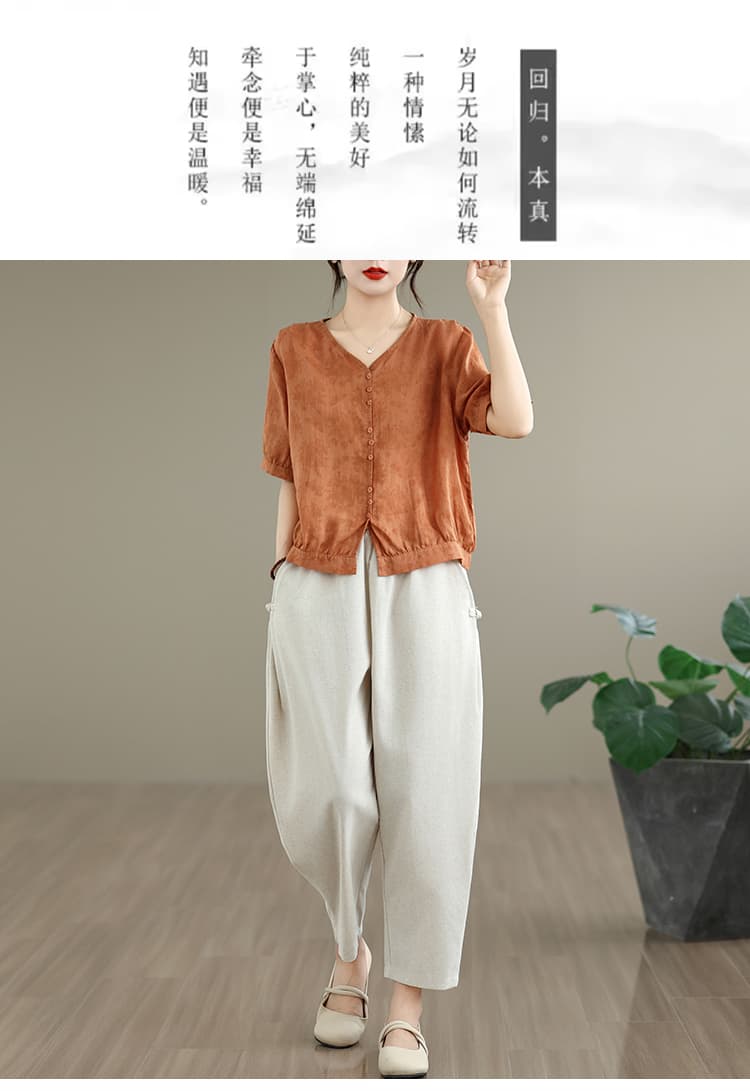 실사 레트로 어둠 곡물 프린트 면 린넨 여성 셔츠 V넥 중간 소매 셔츠 아마 캐주얼 하렘 바지 패션 세트 상세 이미지 2