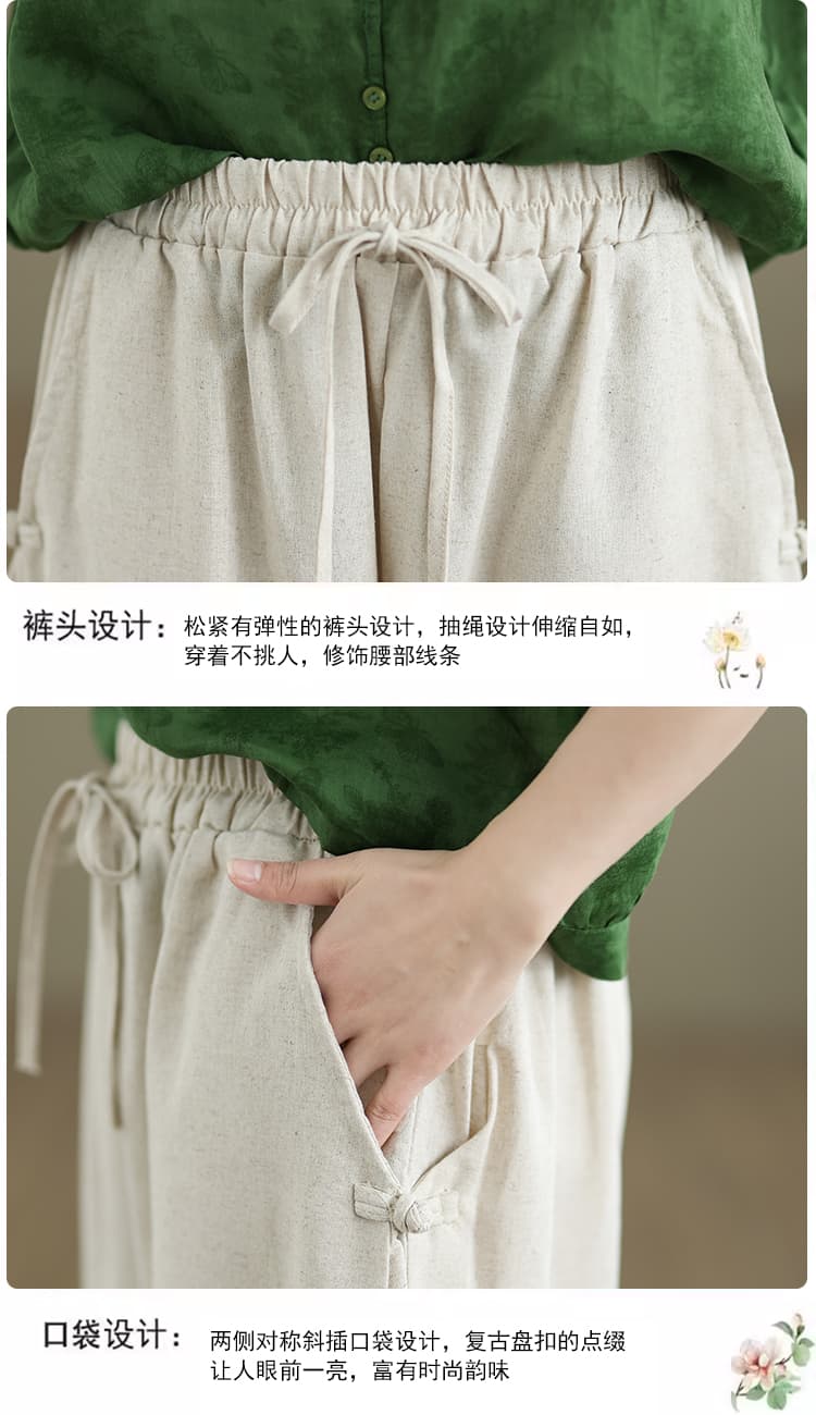 실사 레트로 어둠 곡물 프린트 면 린넨 여성 셔츠 V넥 중간 소매 셔츠 아마 캐주얼 하렘 바지 패션 세트 상세 이미지 5