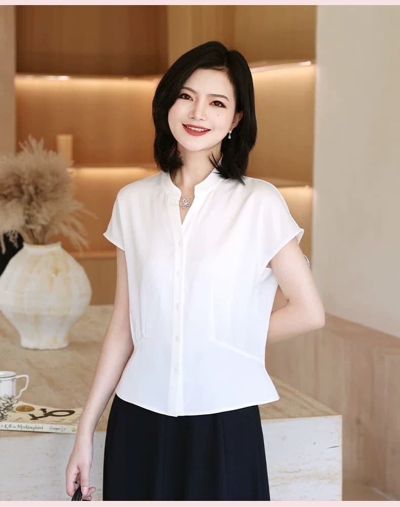 프랑스식 품격 출퇴근 라운드 V넥 반팔 핀치 Pleat 허리 수축 핑크색 여성 셔츠 2026 여름 쇼트 스타일 셔츠 상세 이미지 12