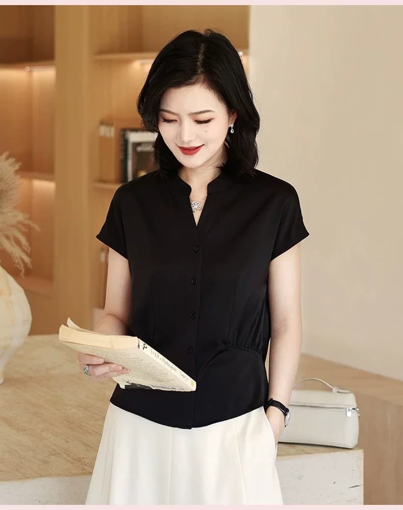 프랑스식 품격 출퇴근 라운드 V넥 반팔 핀치 Pleat 허리 수축 핑크색 여성 셔츠 2026 여름 쇼트 스타일 셔츠 상세 이미지 13