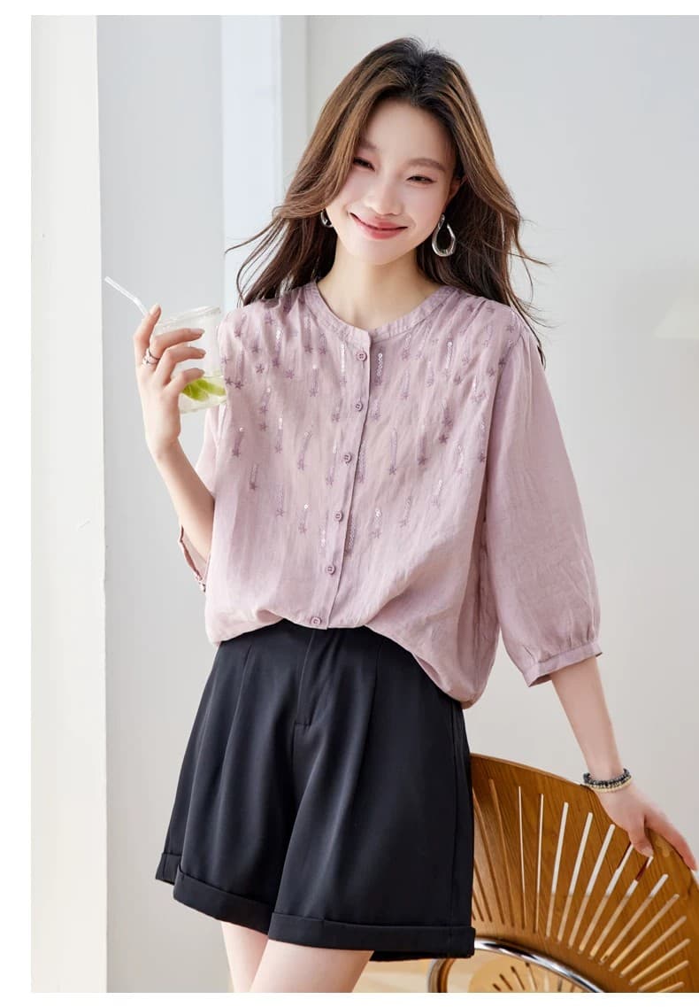 봄 여름 새로운 작은 대중 디자인 센스 라운드 넥 여성 셔츠 루즈핏 슬림해 보이는 다용도 품격 캐주얼 맨위 패션 상세 이미지 12