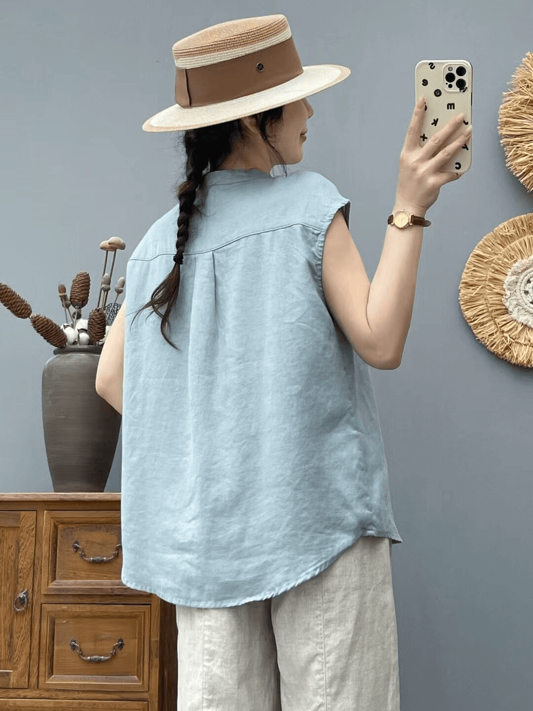여름 얇은 스타일 문예 면 린넨 맨위 여성 루즈핏 슬림해 보이는 반팔 셔츠 중식 캐주얼 민소매 다용도 조끼 여성 상세 이미지 5