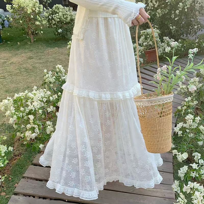 화이트 레이스 반신 스커트 여성 2026 봄 여름 새로운 A라인 스커트 거즈 스커트 달콤함 공주 퍼프 케이크 중간 길이 스커트