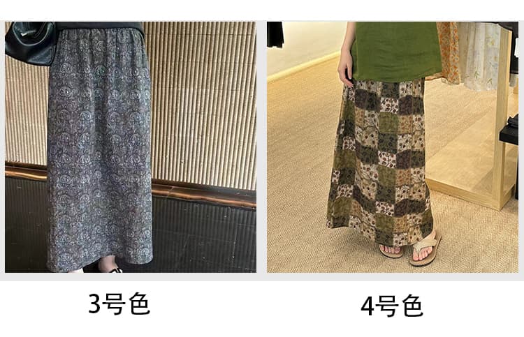 2026 여름 드레스 새로운 반신 스커트 여성 레트로 디자인 센스 프린트 허리밴드 롱 스커트 상세 이미지 3