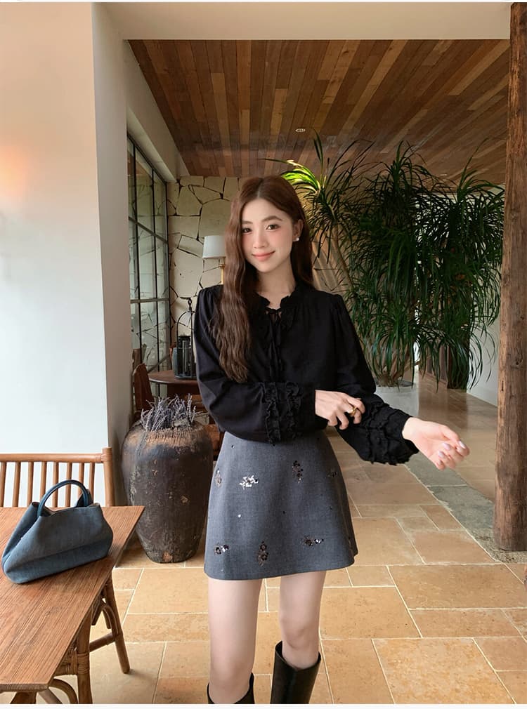 실사 2026 가을 무거운 작업 스팽글 비즈 박기 웨스트 로드 중 a 글꼴 반신 스커트 하이웨이스트 미니 스커트 상세 이미지 4