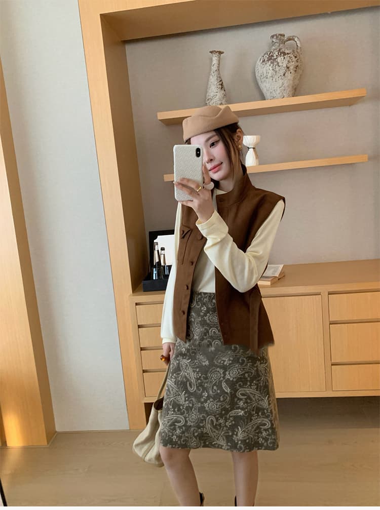 미니멀리즘 가을 새로운 다용도 디자인 센스 무거운 작업 자카드 중간 스커트 5 점 치마 하이웨이스트 슬림해 보이는 캐슈 꽃 반신 스커트 상세 이미지 11