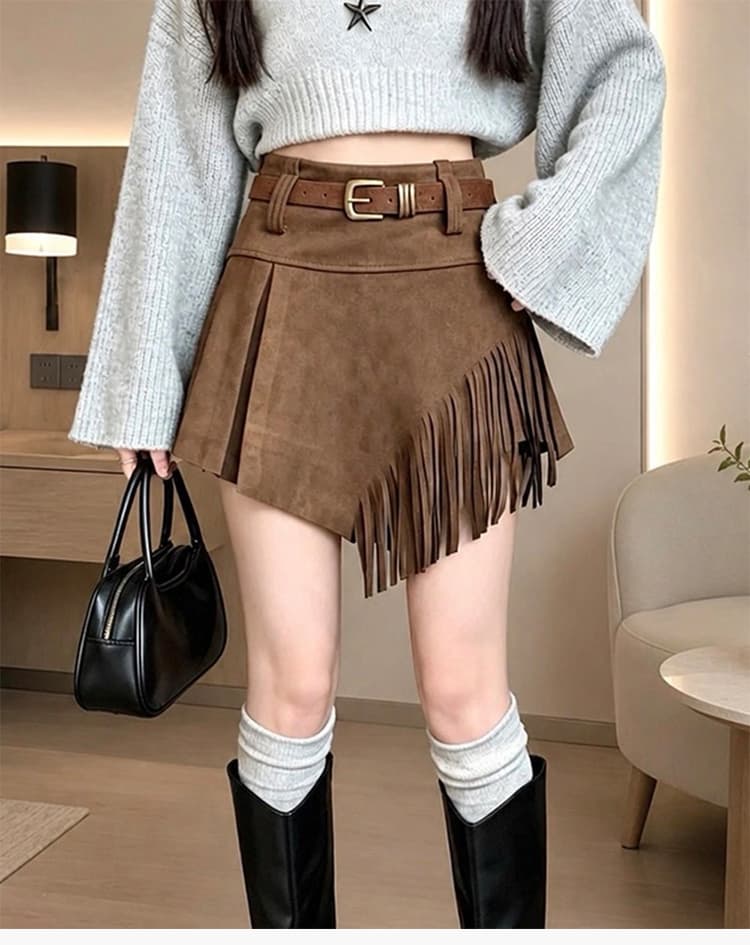 실사 스웨이드 원단 반신 스커트 여성 비대칭 술 노출 방지 플리츠 개성 캐주얼 레트로 한 마디 미니 스커트 상세 이미지 4