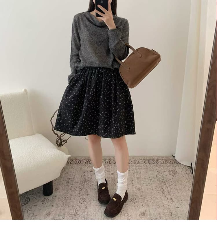 실사 가을 새로운 한 부서 chic 꽃무늬 반신 스커트 다용도 슬림해 보이는 허리밴드 캐주얼 한 마디 꽃밭 중간 스커트 상세 이미지 1