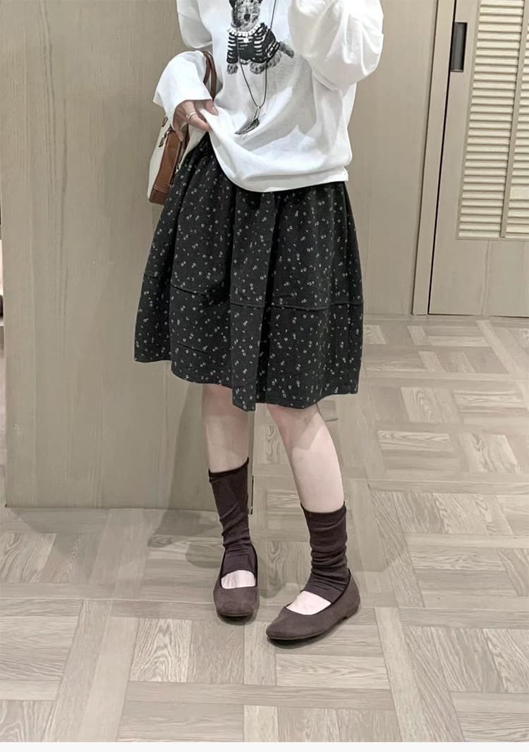 실사 가을 새로운 한 부서 chic 꽃무늬 반신 스커트 다용도 슬림해 보이는 허리밴드 캐주얼 한 마디 꽃밭 중간 스커트 상세 이미지 7