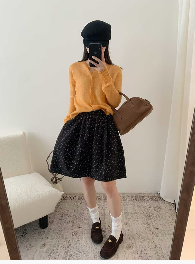실사 가을 새로운 한 부서 chic 꽃무늬 반신 스커트 다용도 슬림해 보이는 허리밴드 캐주얼 한 마디 꽃밭 중간 스커트 상세 이미지 12