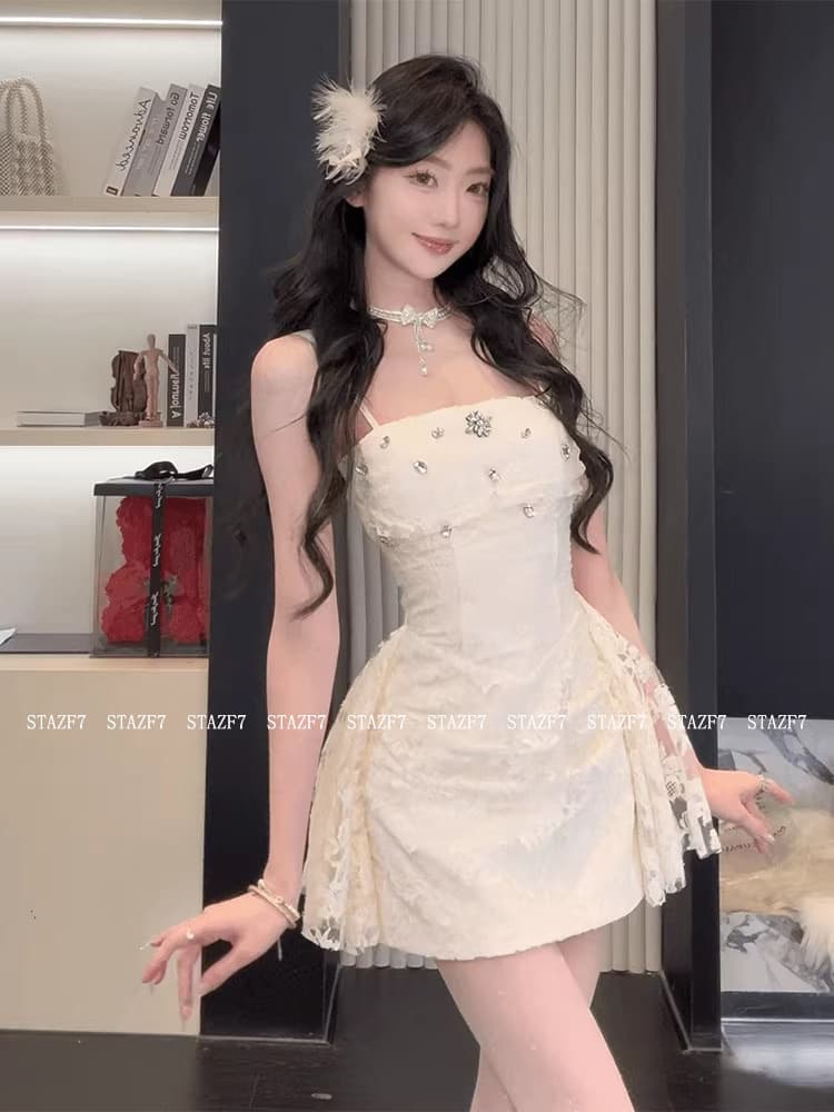 특히 아름다움 어린이 stazf7 지방 mm 프랑스식 명문 여성 레이스 다이아몬드 세팅 슬립 드레스 여성 봄 품격 순수한 욕망 허리 수축 A라인 스커트 이미지 3