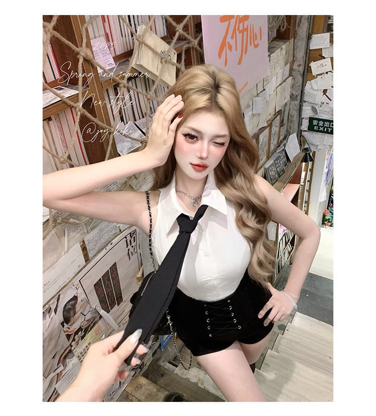 joy kiki 거위 위로 뭐라구? 높음 지혜 한 여성 민소매 로얄 자매 몸매 가꾸기 핫걸 셔츠 하이웨이스트 반바지 세트 여성 상세 이미지 19