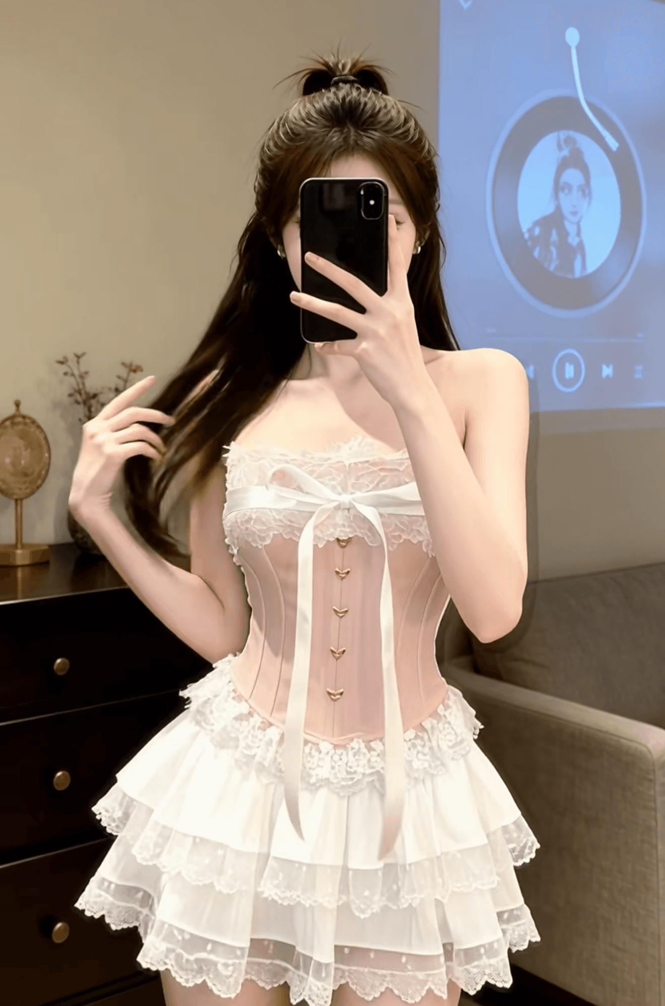 순수한 욕망 달콤함 레이스 조각 튜브탑 조끼 여성 몸매 가꾸기 허리 수축 인사이드 가져 가라. 만나는 생선뼈 맨위 반신 스커트 상세 이미지 3